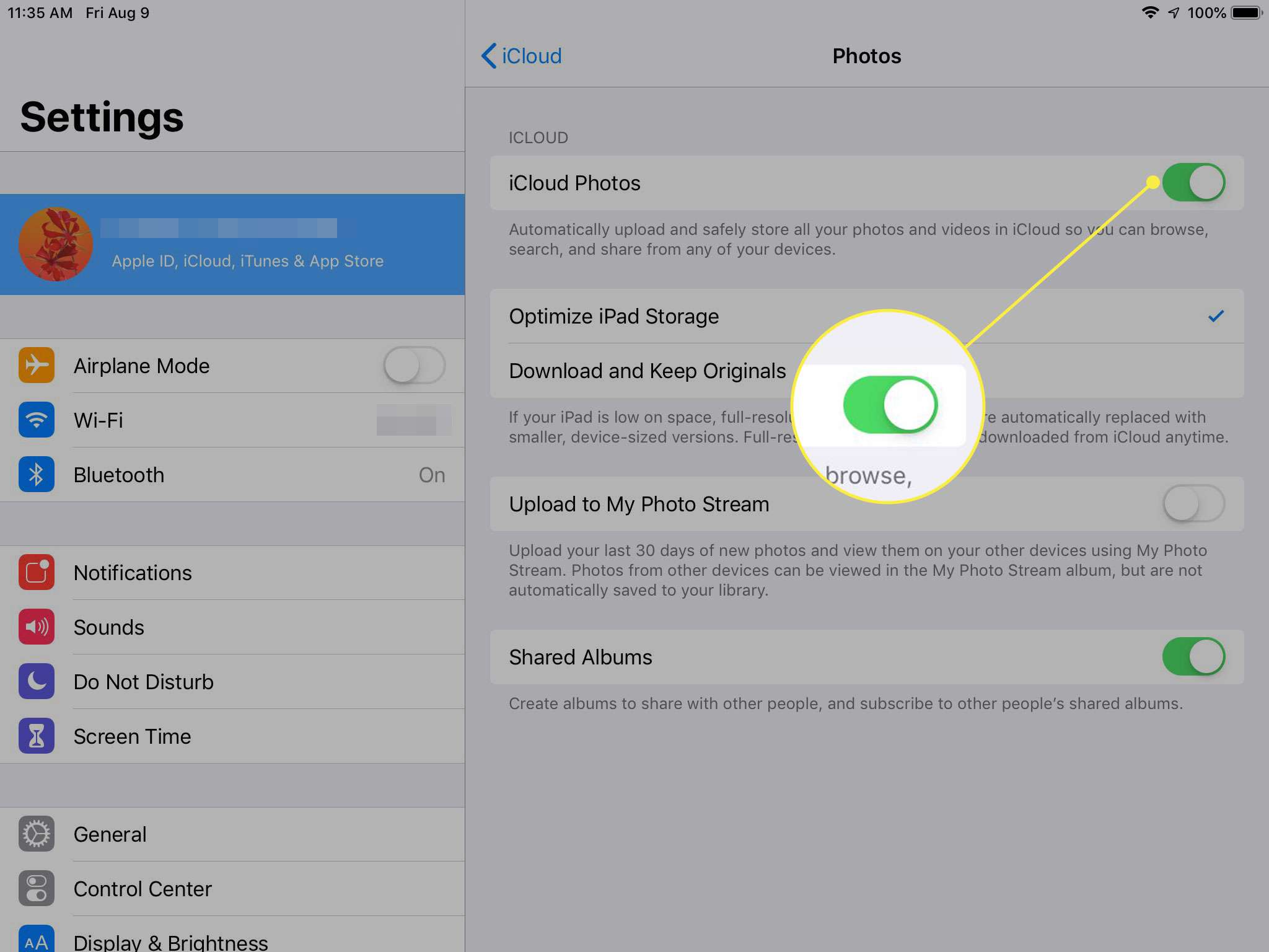 Een screenshot van de synchronisatie-instellingen van iPad-foto's met de iCloud-fotoschakelaar gemarkeerd