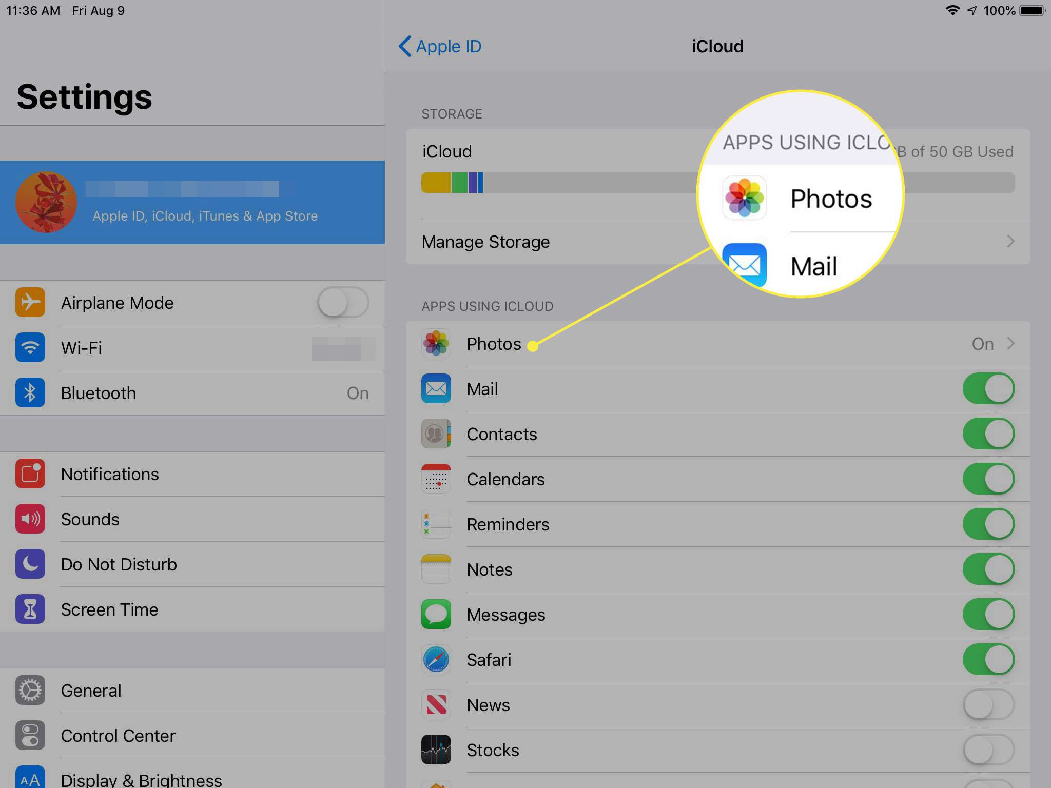 Een screenshot van de iCloud-instellingen van de iPad met Foto's gemarkeerd