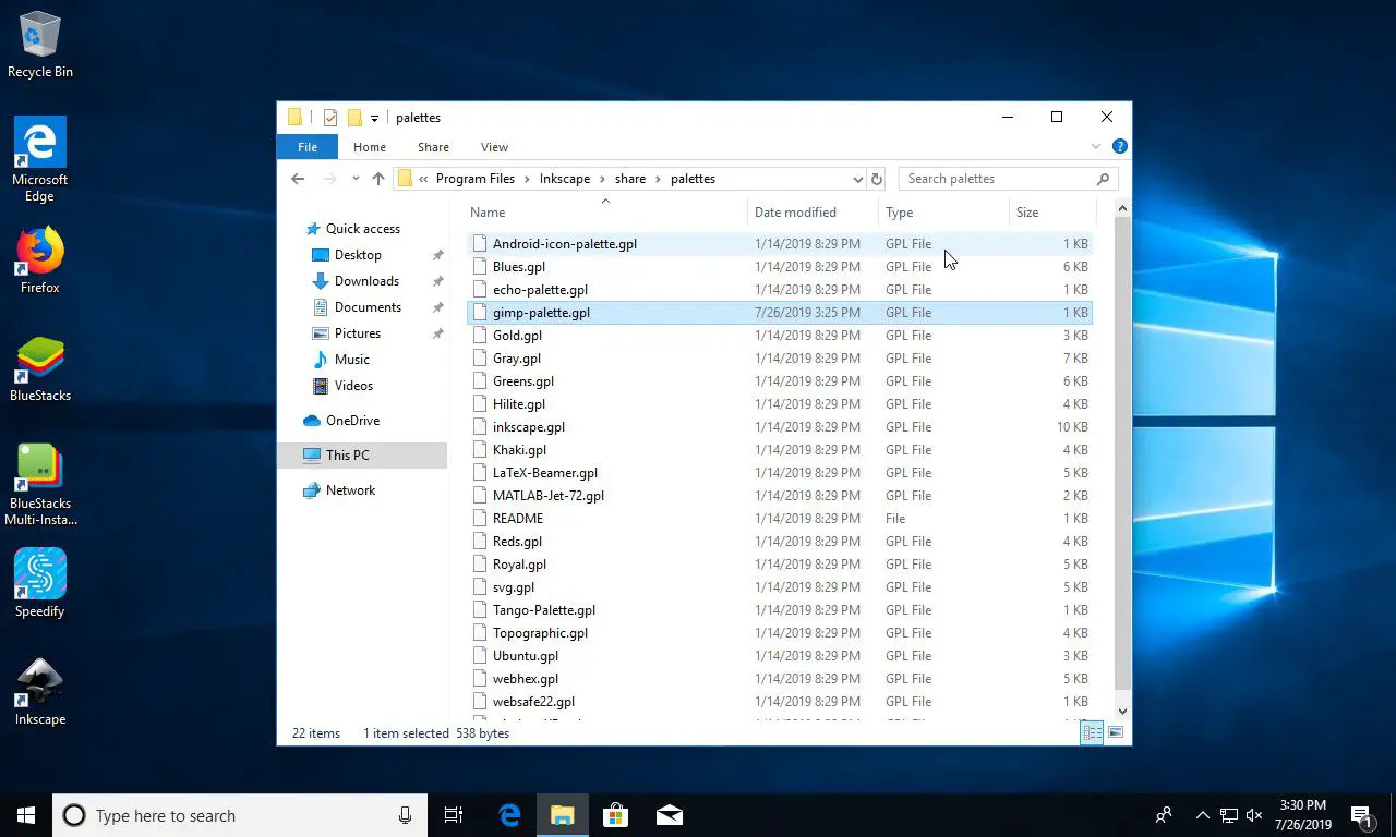 Windows 10-palet geplakt in Inkscape-map