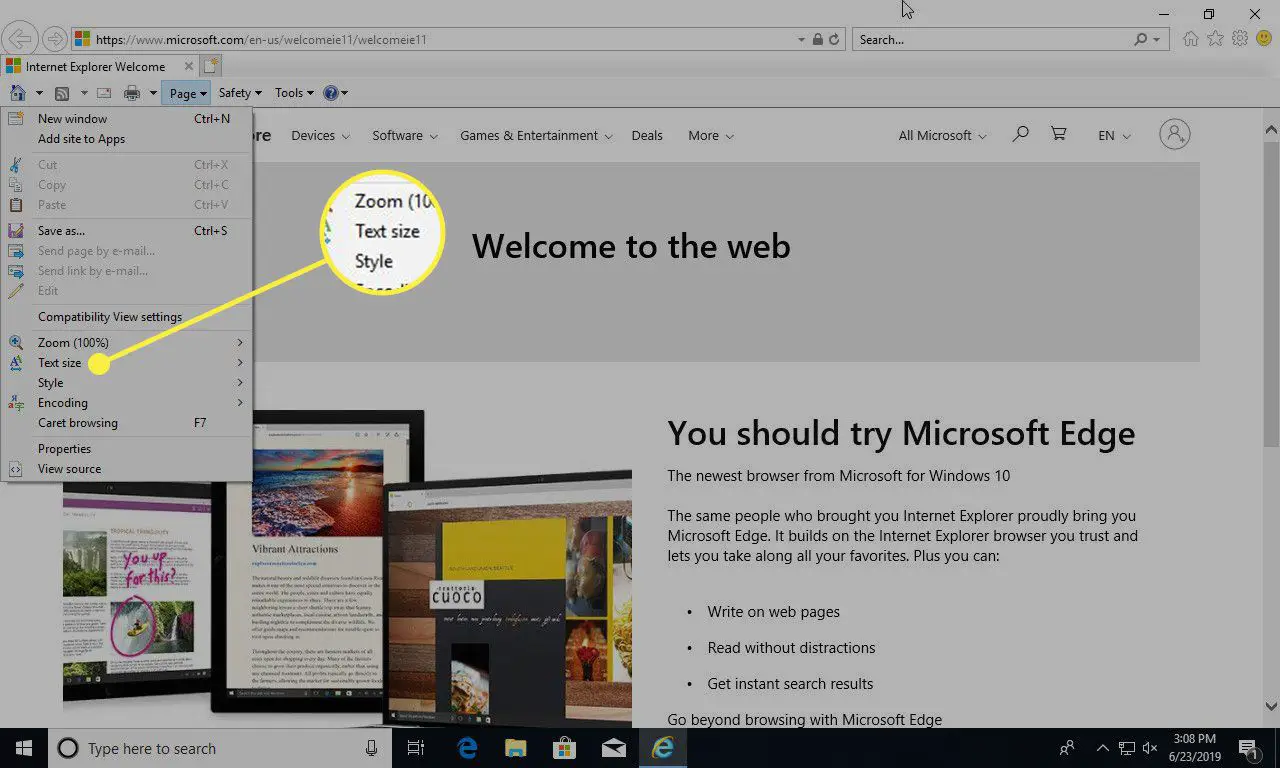 Een screenshot van Internet Explorer met de menuoptie Tekstgrootte gemarkeerd