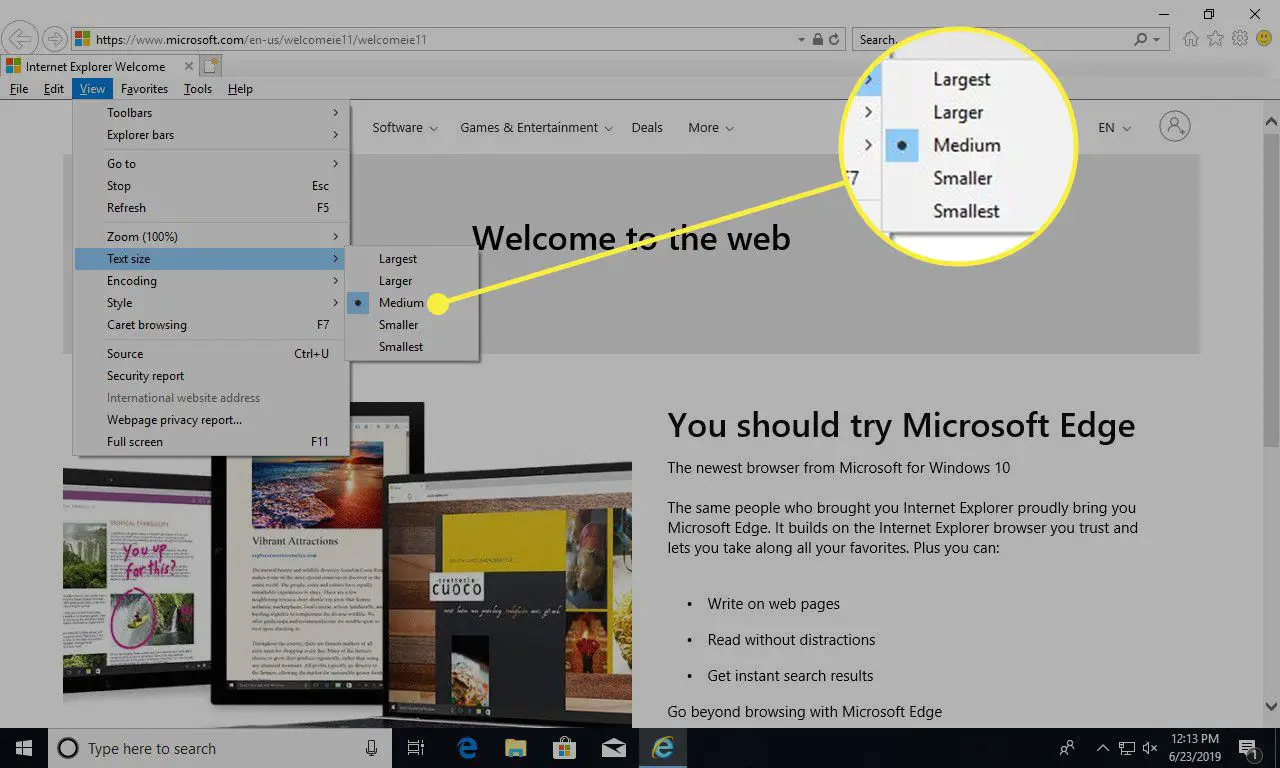 Een screenshot van Internet Explorer met de opties voor Tekstgrootte gemarkeerd