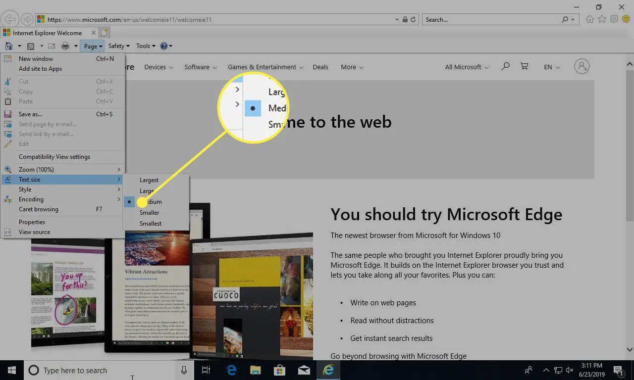 Een screenshot van Internet Explorer met de opties voor Tekstgrootte gemarkeerd