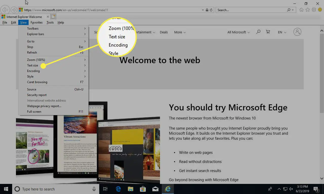 Een screenshot van Internet Explorer met de optie Tekstgrootte onder het menu Beeld gemarkeerd