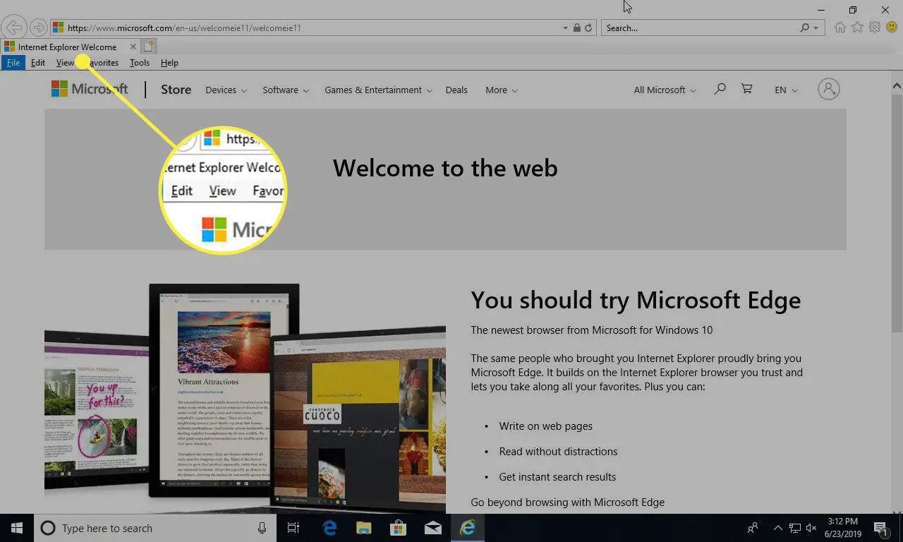 Een screenshot van Internet Explorer met het menu Beeld gemarkeerd