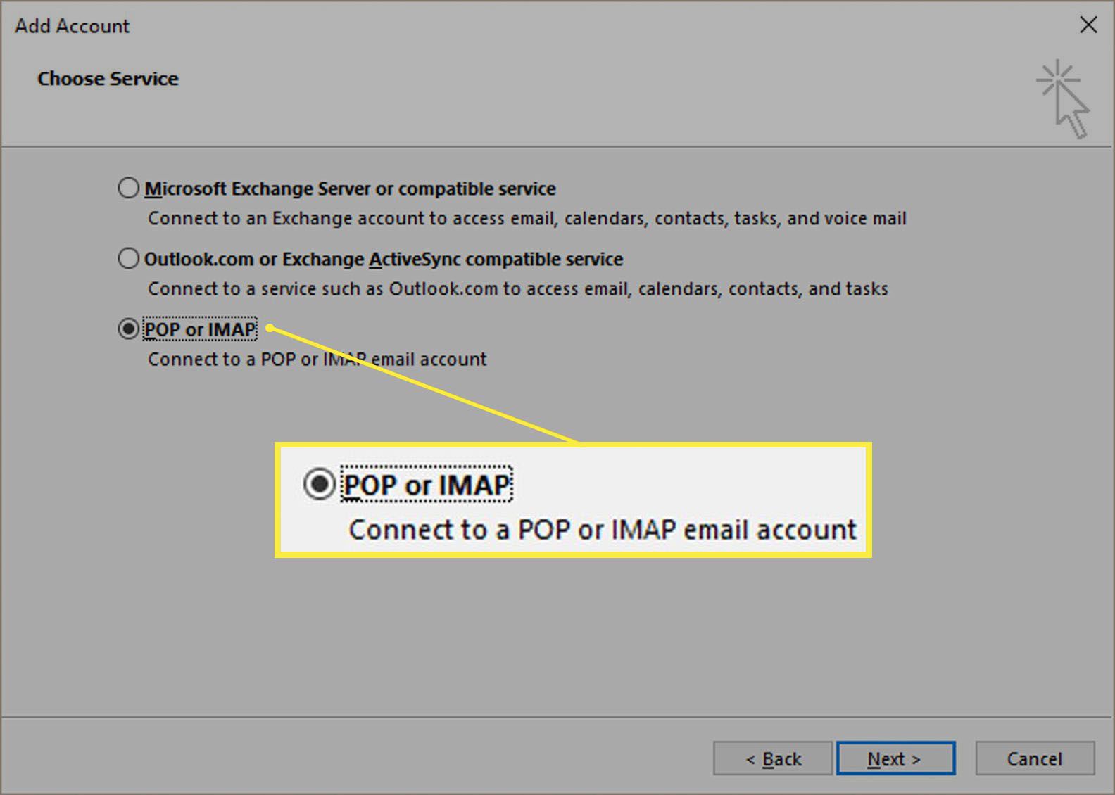 POP- of IMAP-optie in het dialoogvenster Account toevoegen.