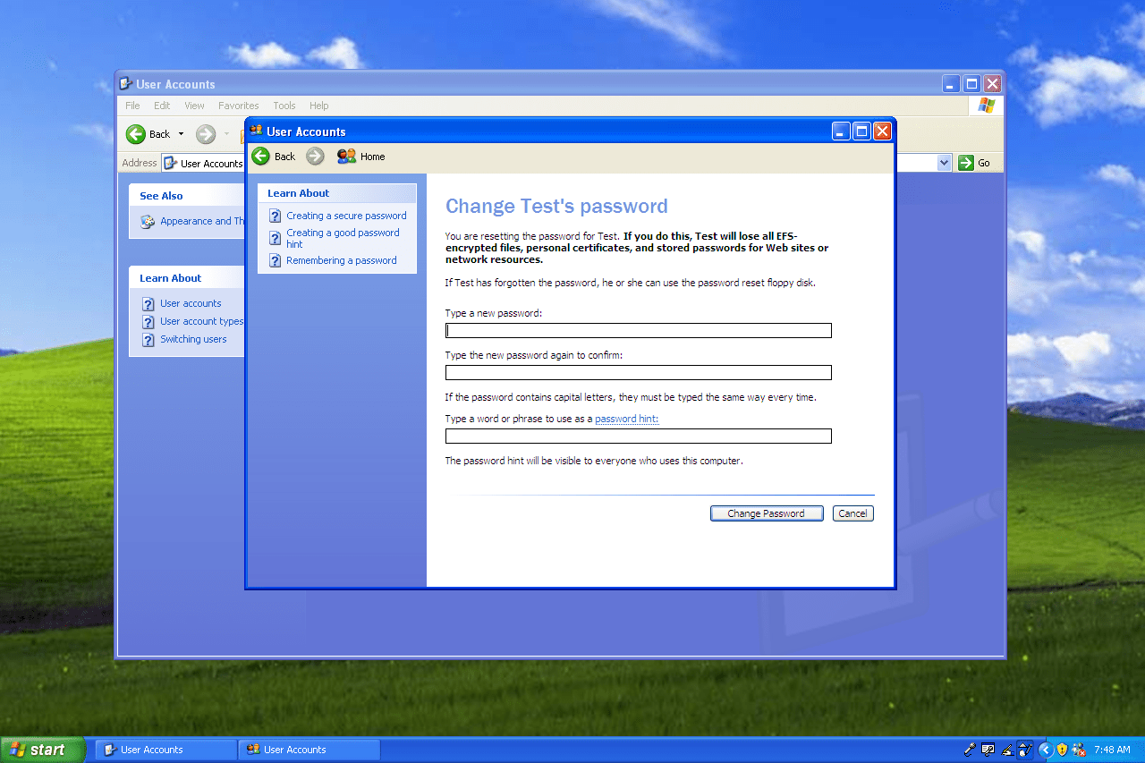 Scherm gebruikerswachtwoord wijzigen in Windows XP