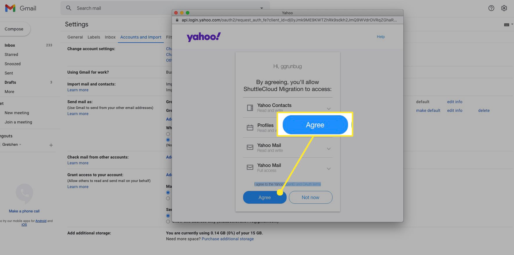 Selecteer Akkoord om ShuttleCloud Migration toegang te geven tot uw Yahoo-contacten, profielen en e-mail.