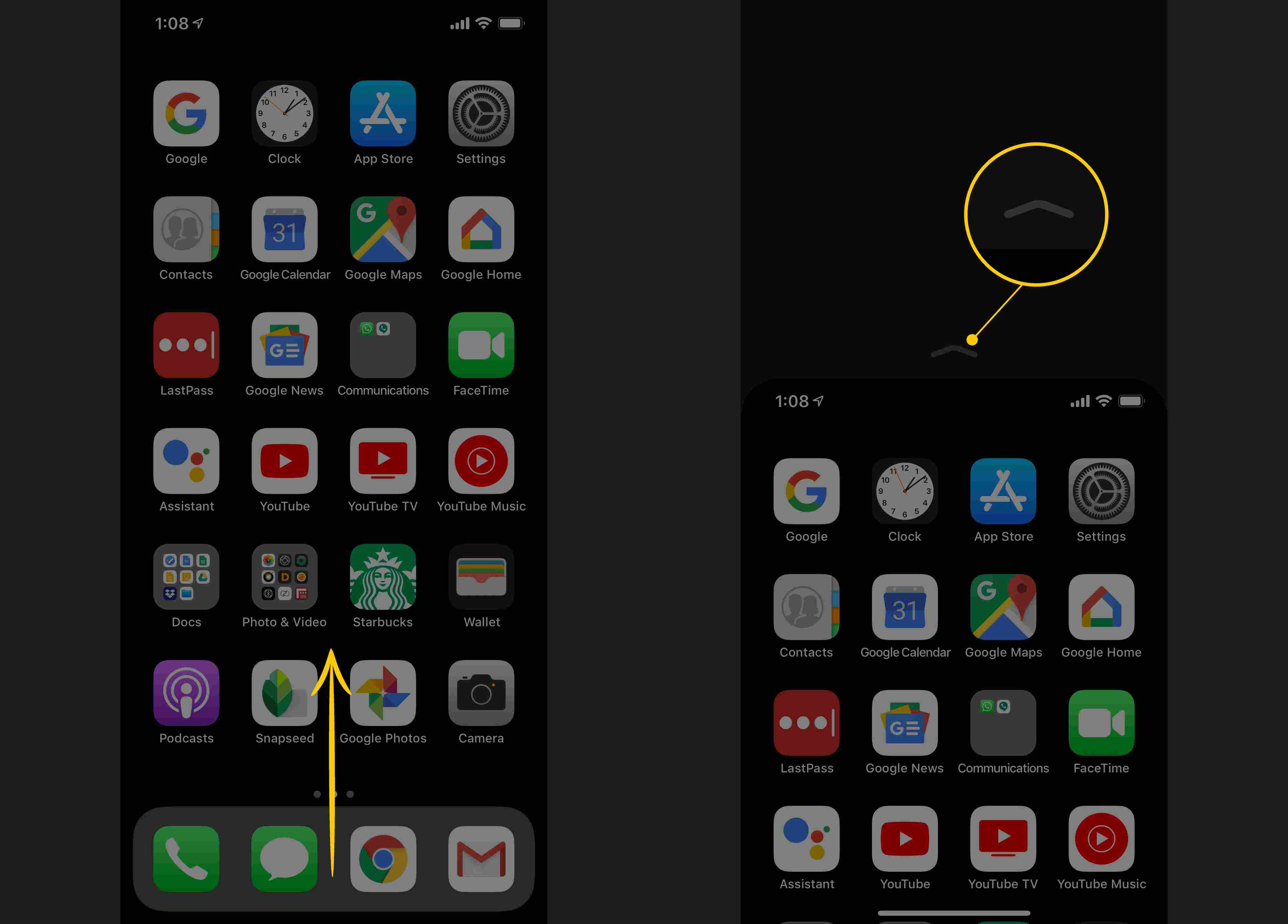 Veeg omhoog op Dock, karaat bovenaan het scherm op iPhone X