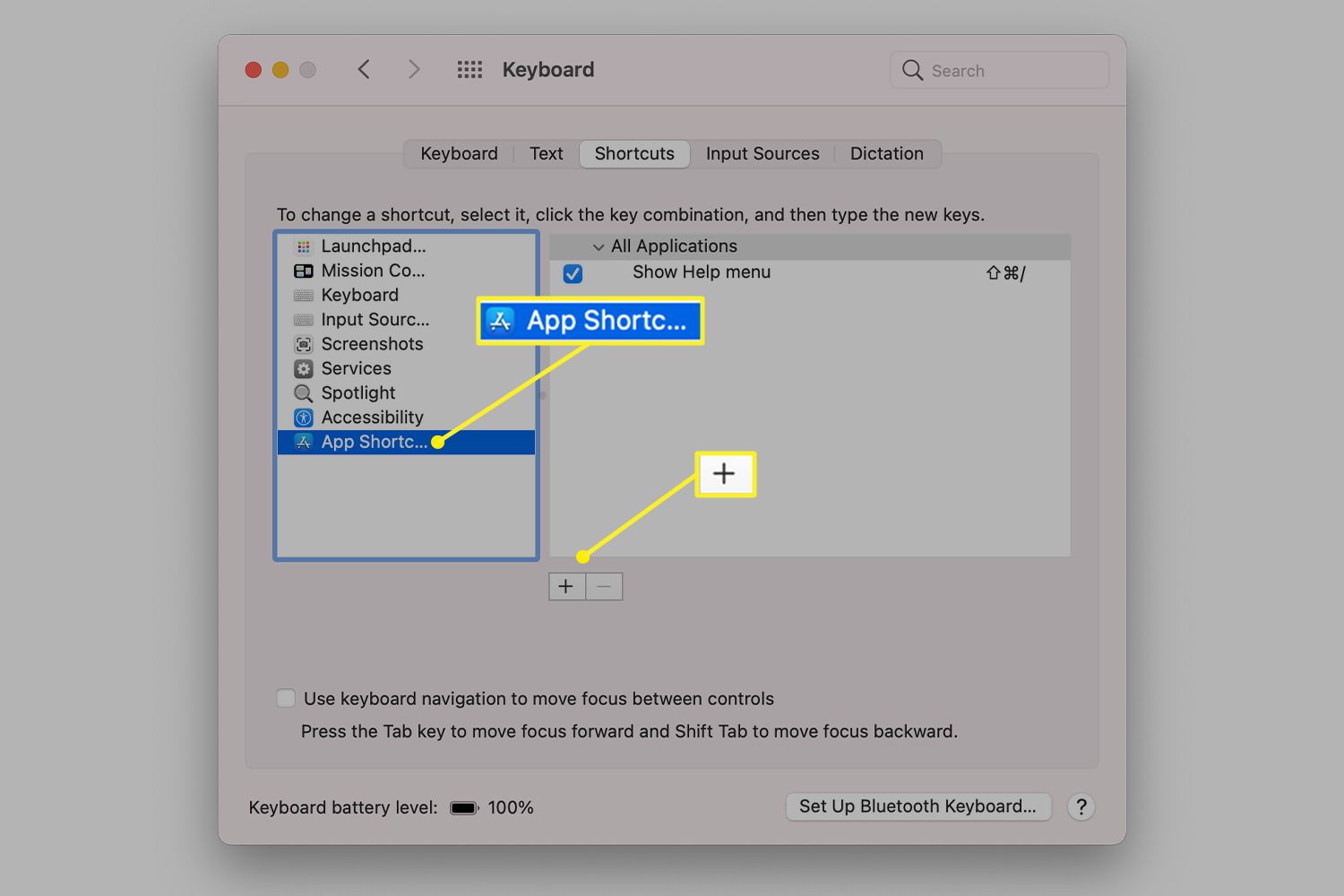 App Shortcuts selected in Mac Keyboard preferences