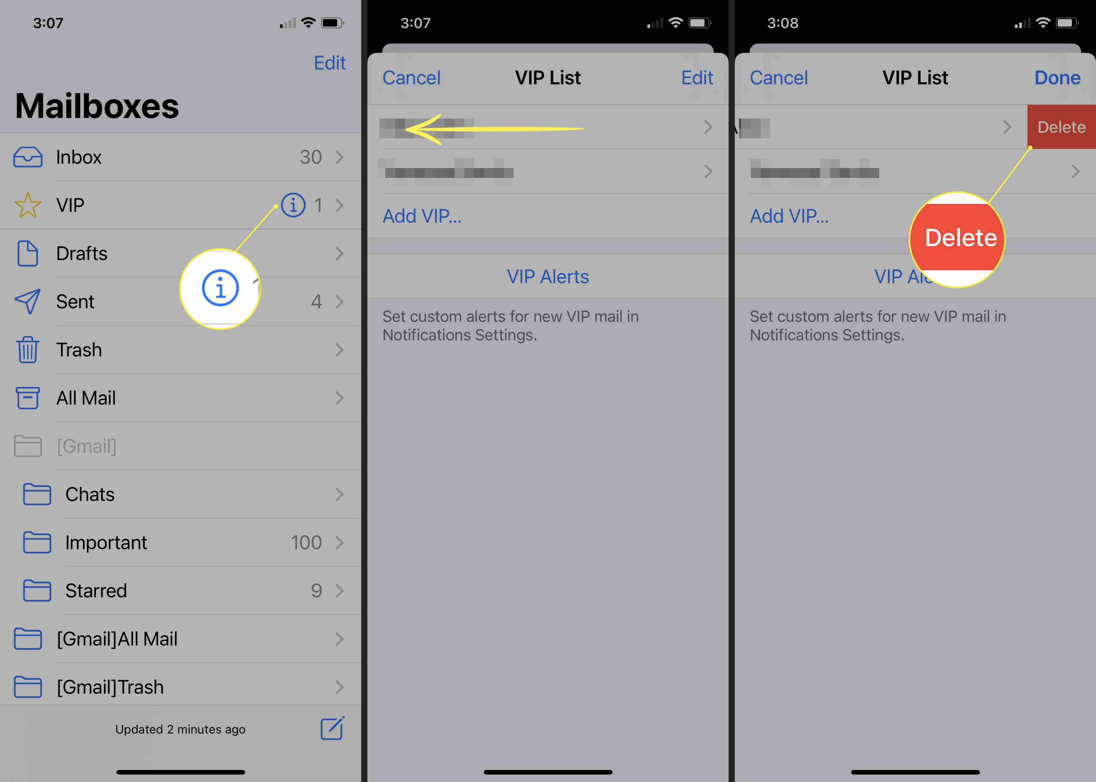 iOS Mail VIP-lijst met de optie Verwijderen gemarkeerd