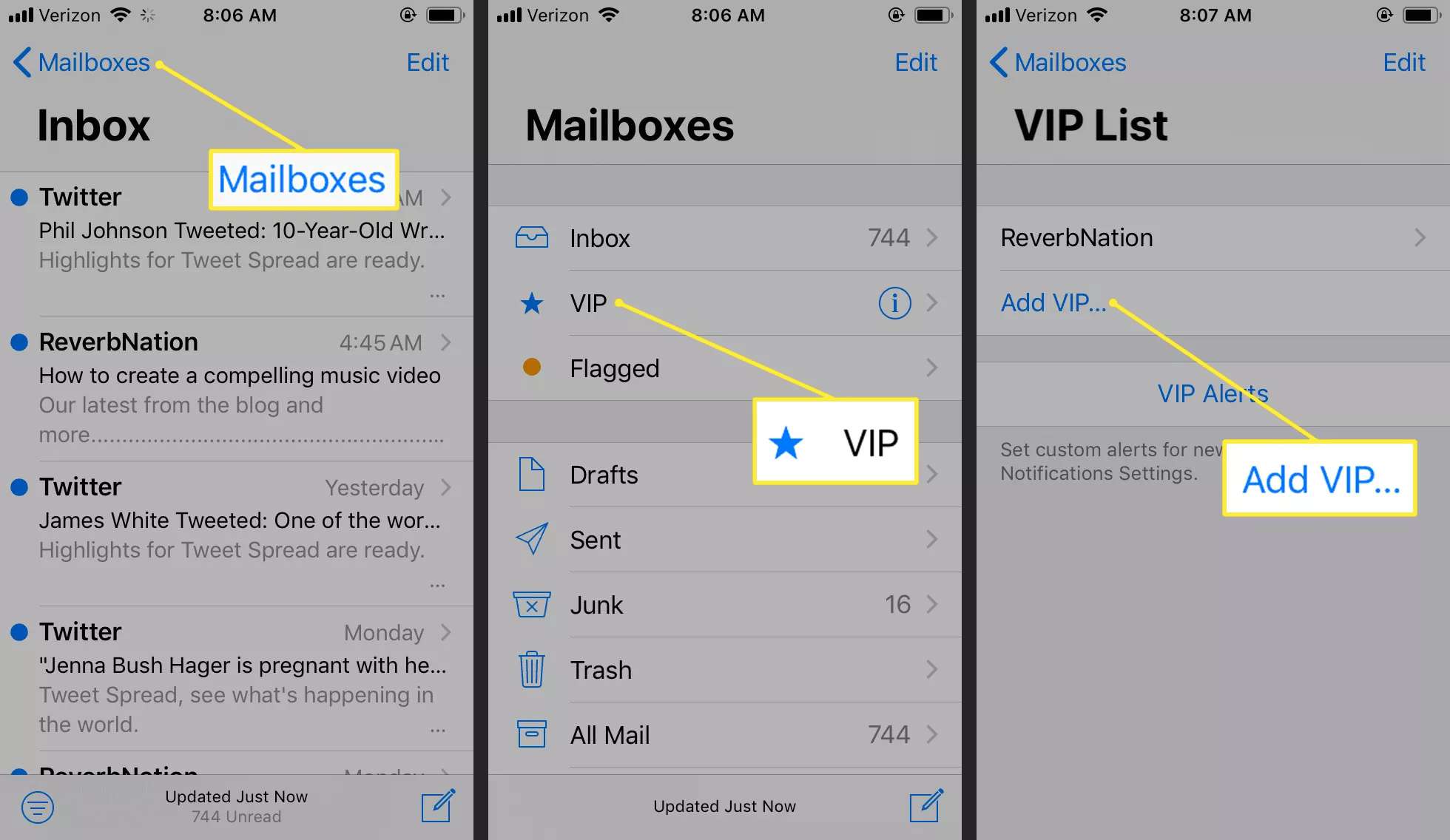 VIP-vermelding toevoegen gemarkeerd in iOS VIP-lijst