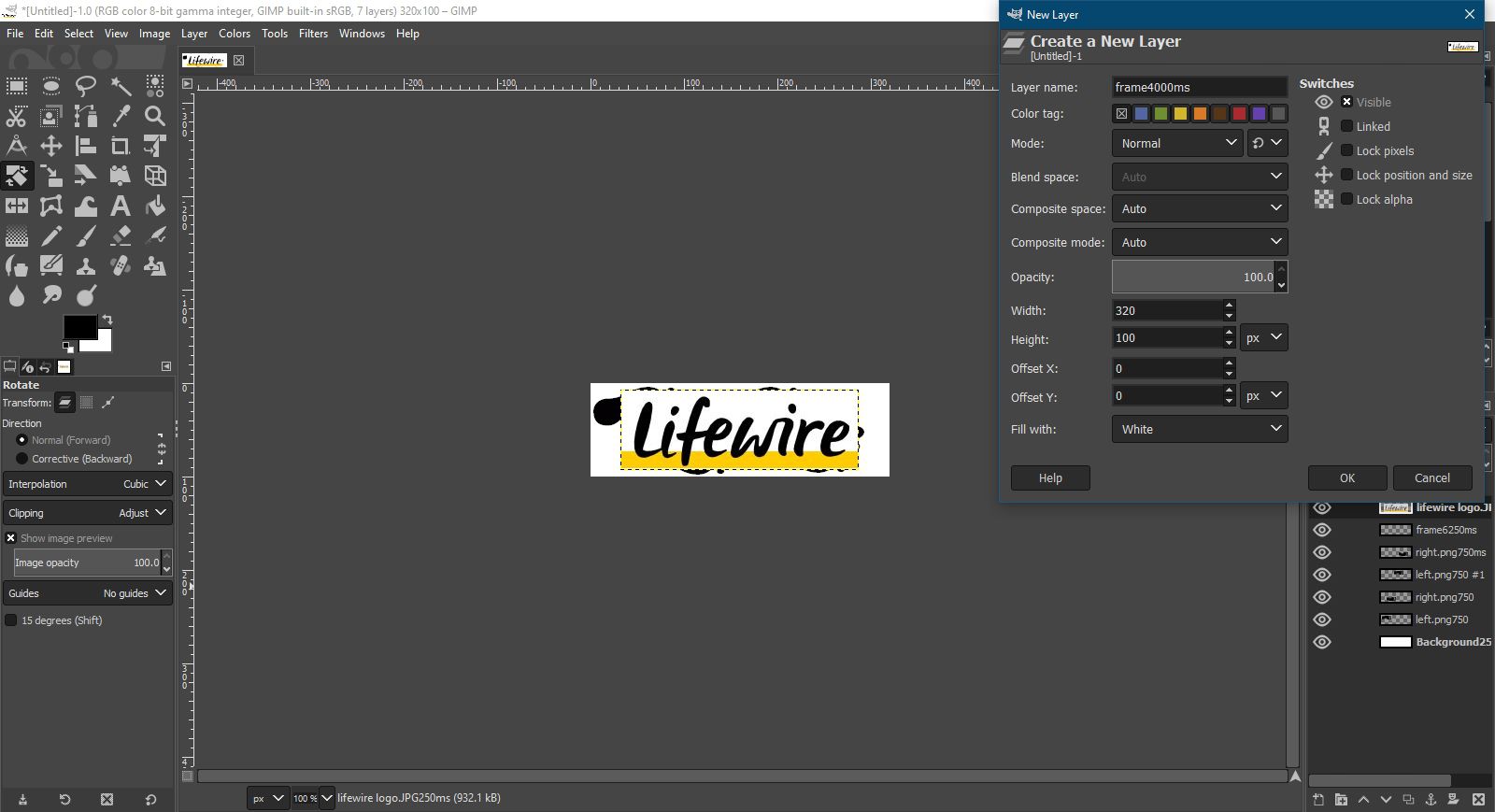 Het Lifewire-logo toevoegen aan de animatie in GIMP.