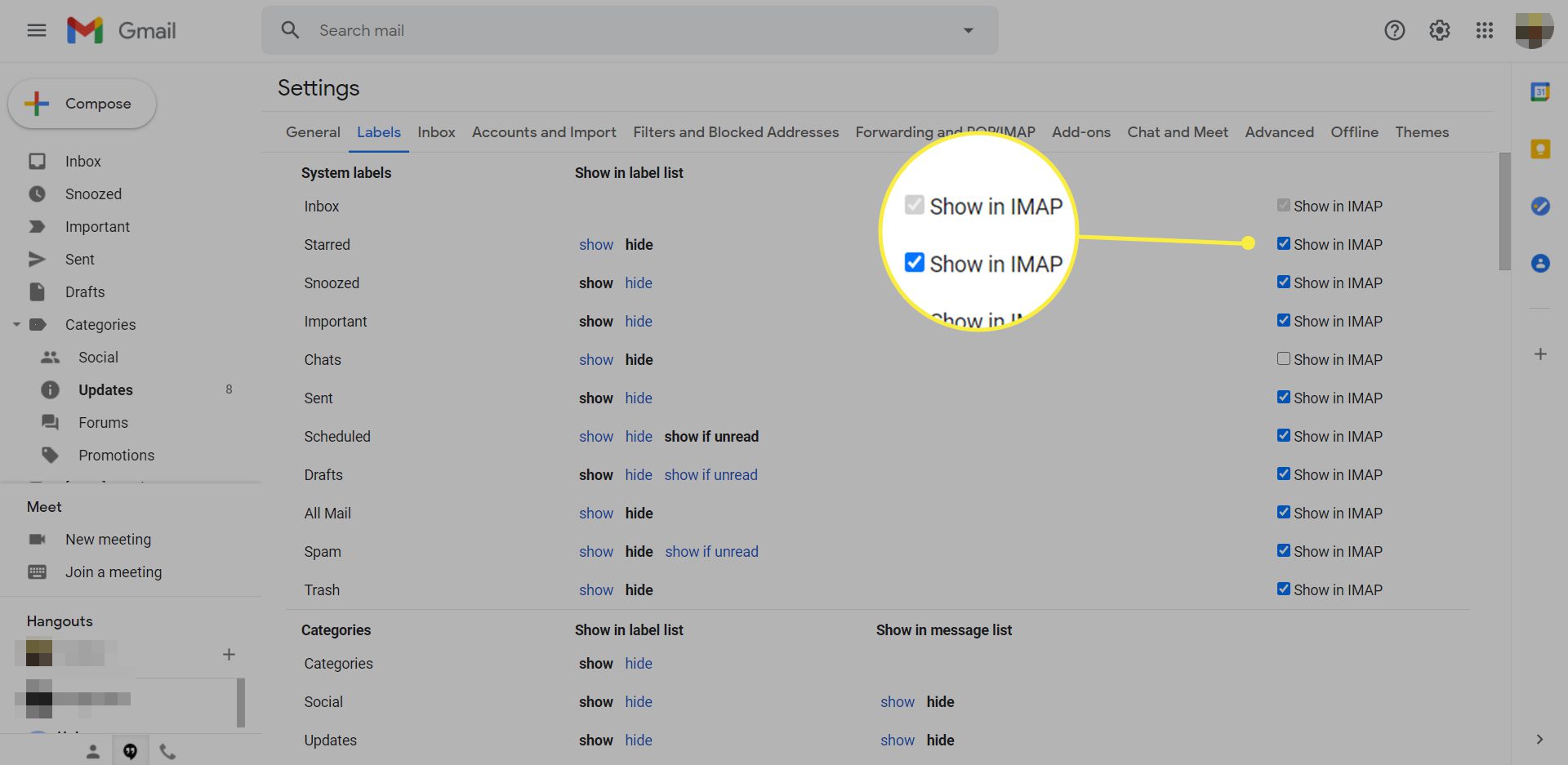 Instellingen voor Gmail-labels met 'Weergeven in IMAP' gemarkeerd