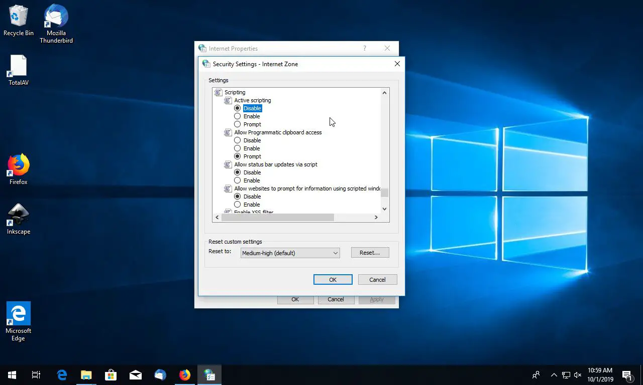 Internetbeveiligingsinstellingen van Windows 10 met actieve scripting uitgeschakeld