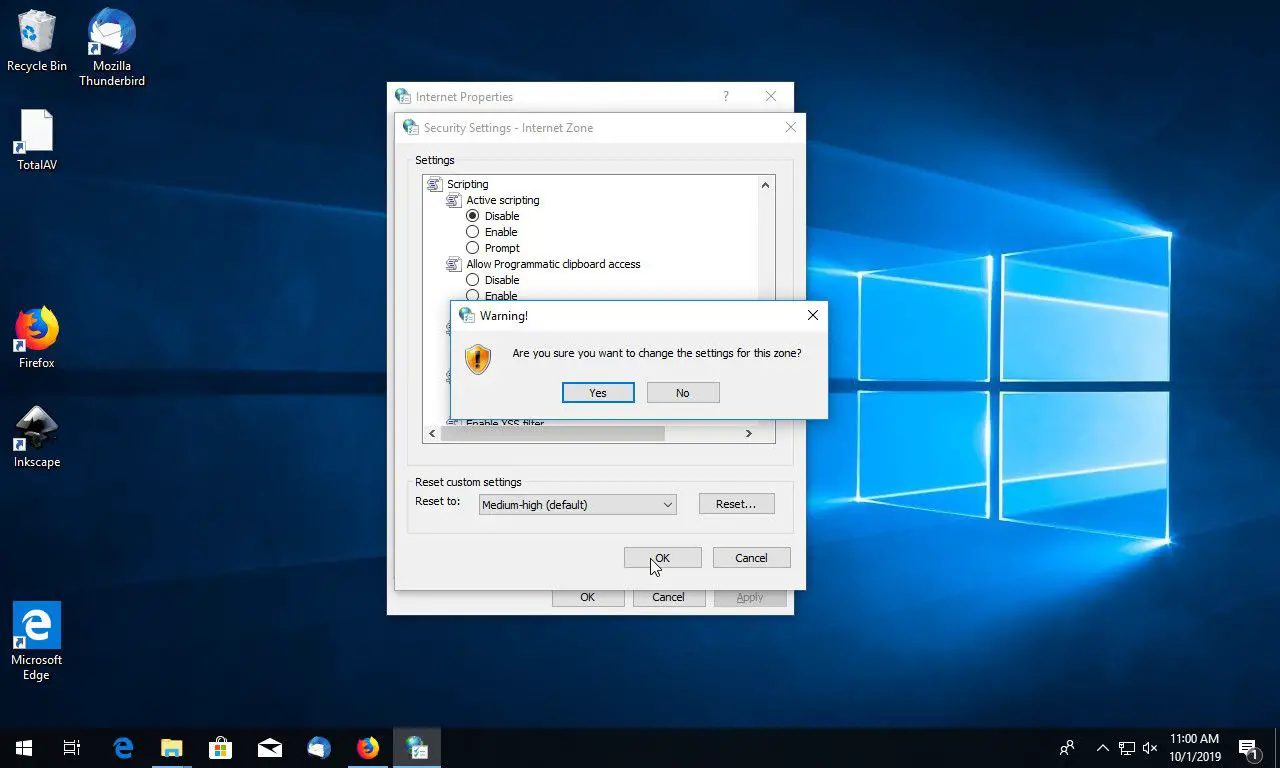 Windows 10 bevestigt wijziging in internetinstellingen