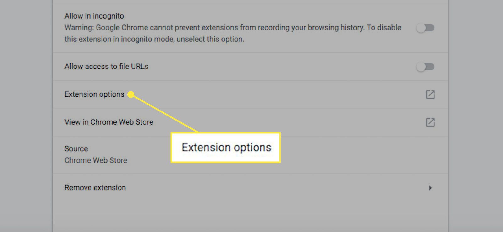 Extensie-opties in Chrome