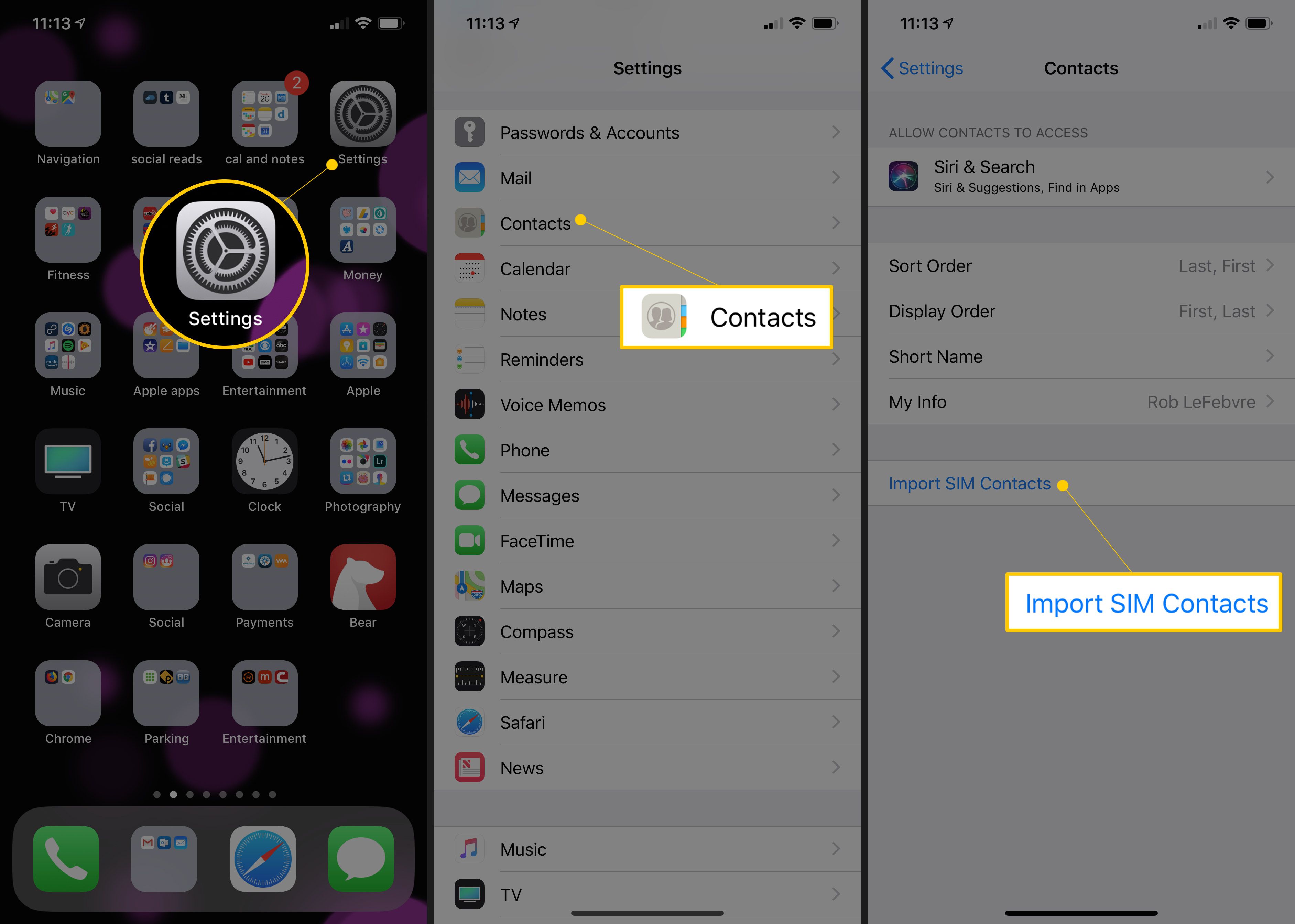Drie iOS-schermen met het app-pictogram Instellingen, de knop Contacten en de knop SIM-contacten importeren