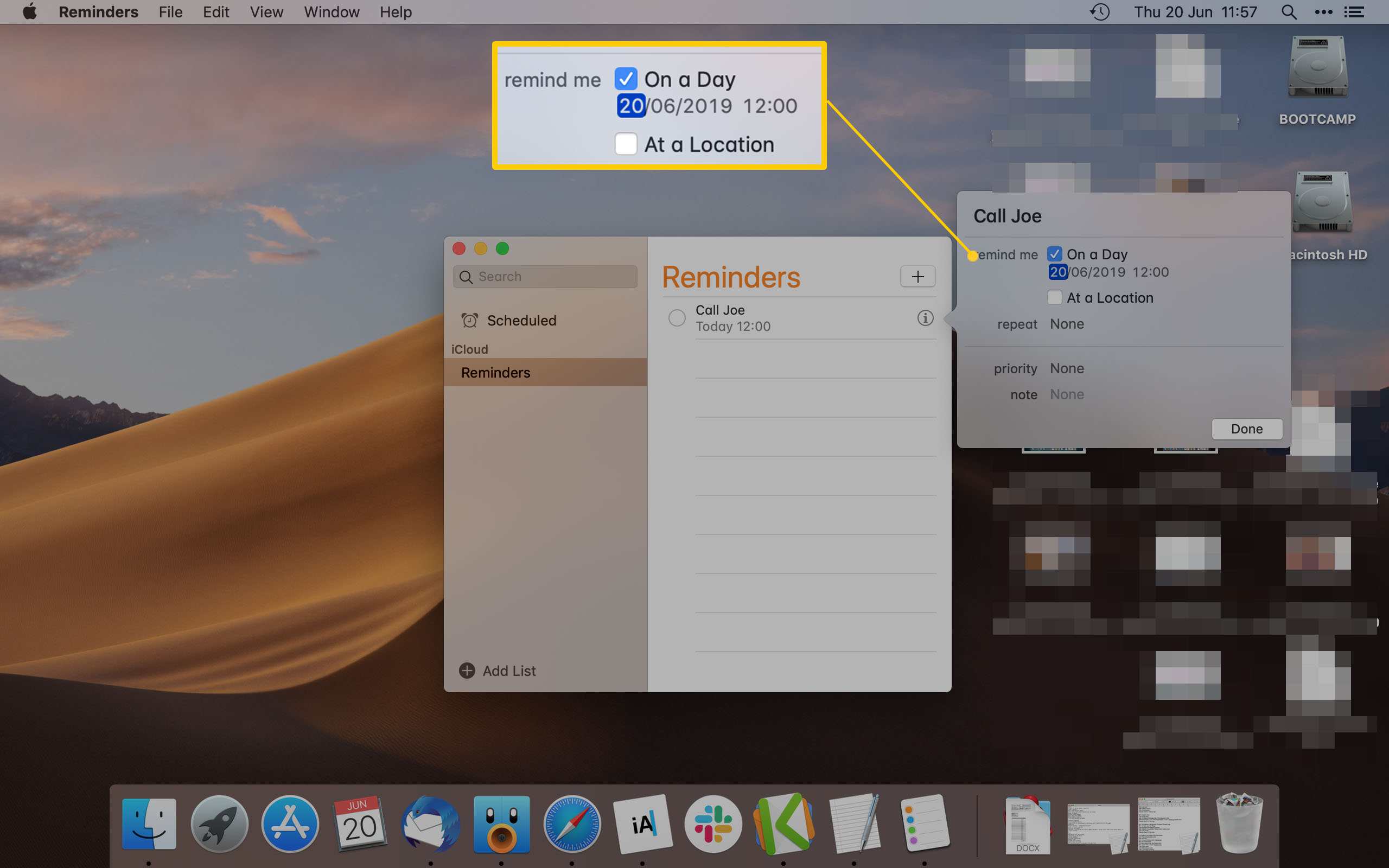 Mac Reminder-app De opties voor Herinnering op een dag markeren