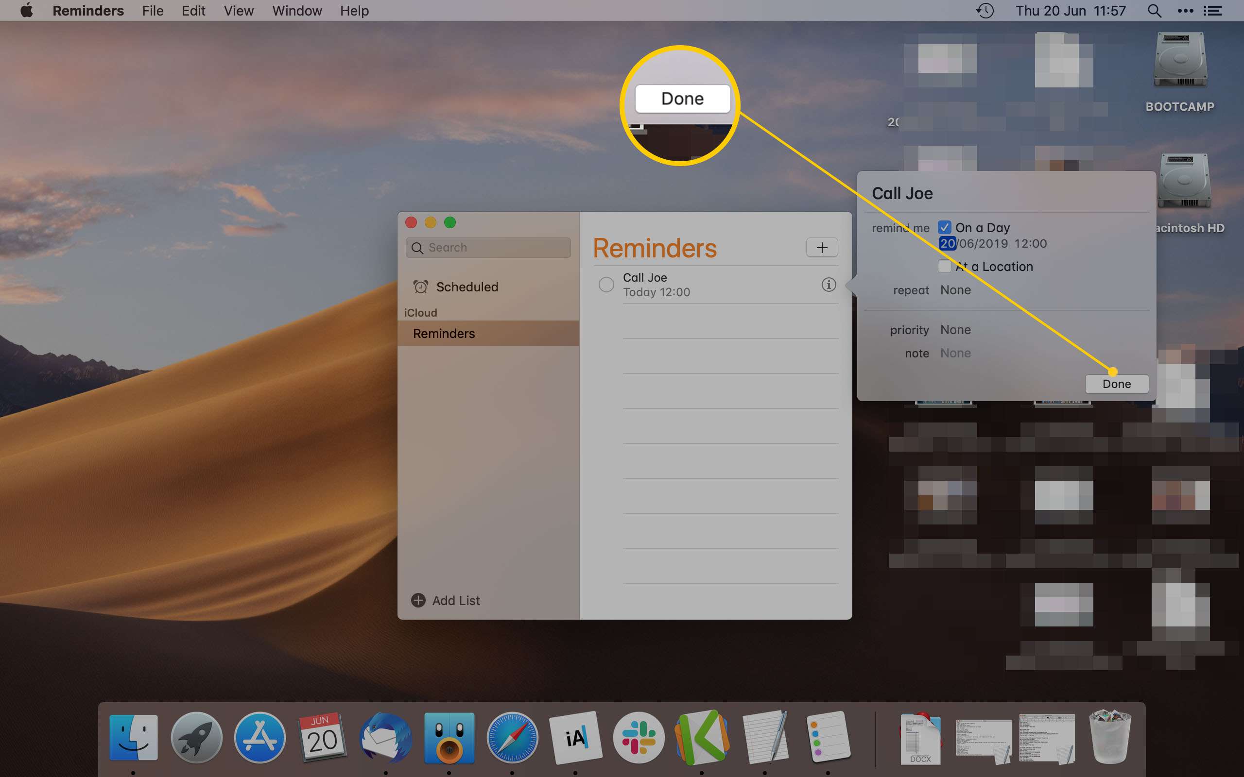Mac Reminder-app De knop Gereed markeren