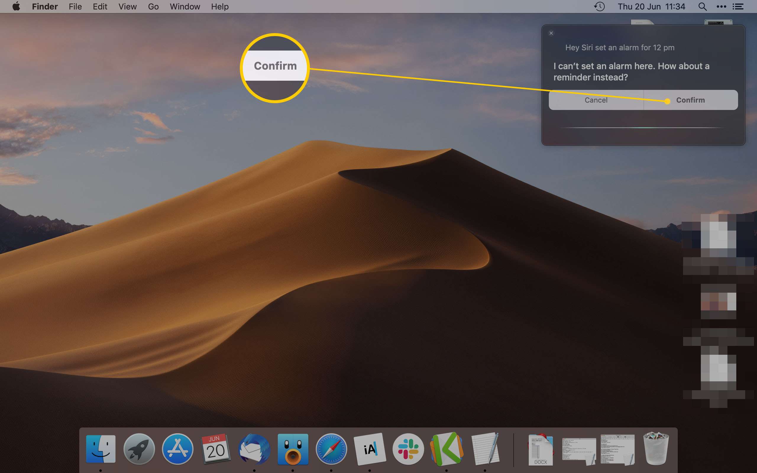 Mac Desktop bevestigt een alarm/herinnering via Siri