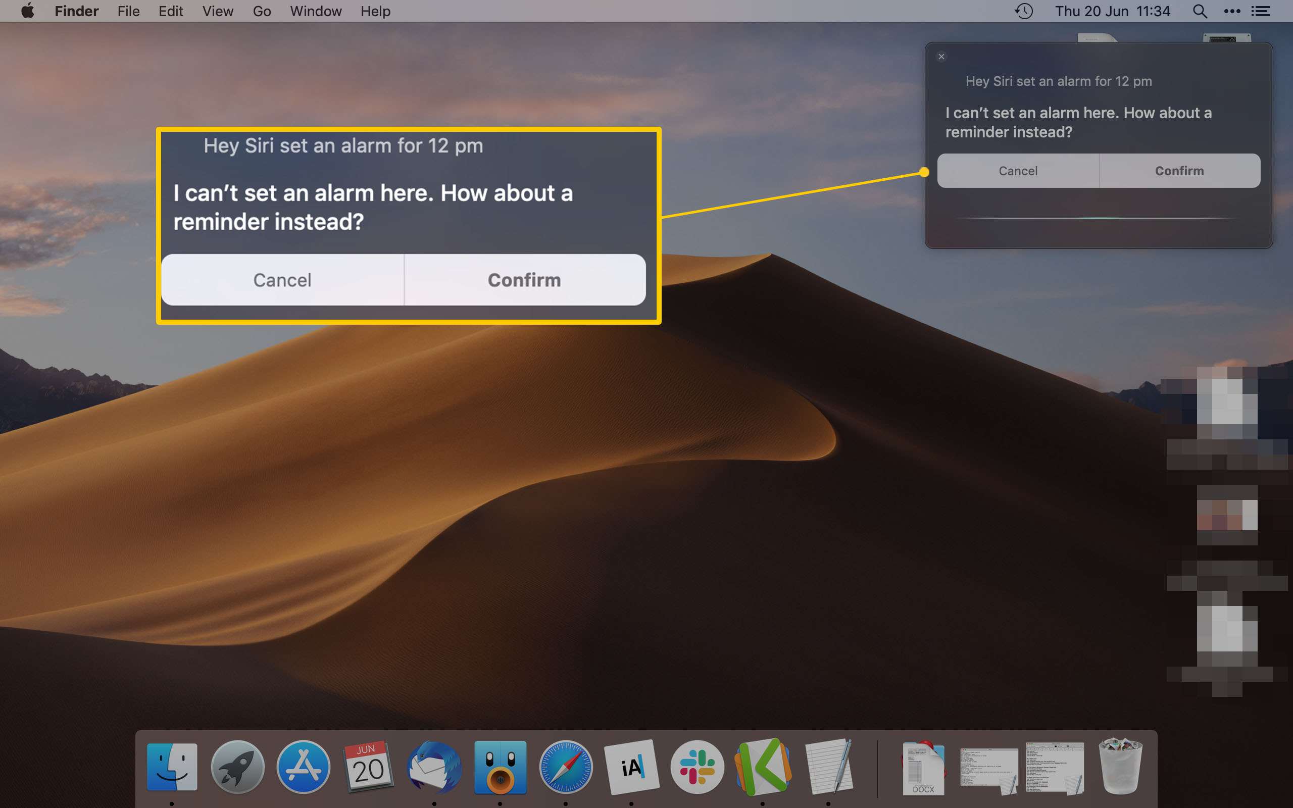 Mac Desktop met Siri die een herinnering instelt