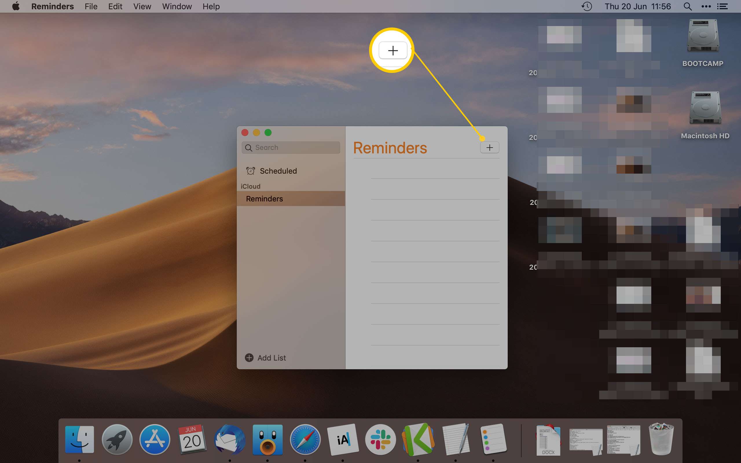 Mac Reminder-app die het pictogram voor toevoegen markeert