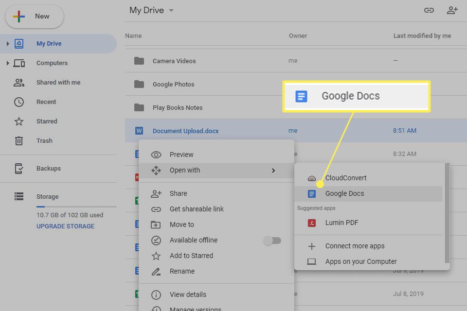 Openen met Google Docs-menu in Google Drive