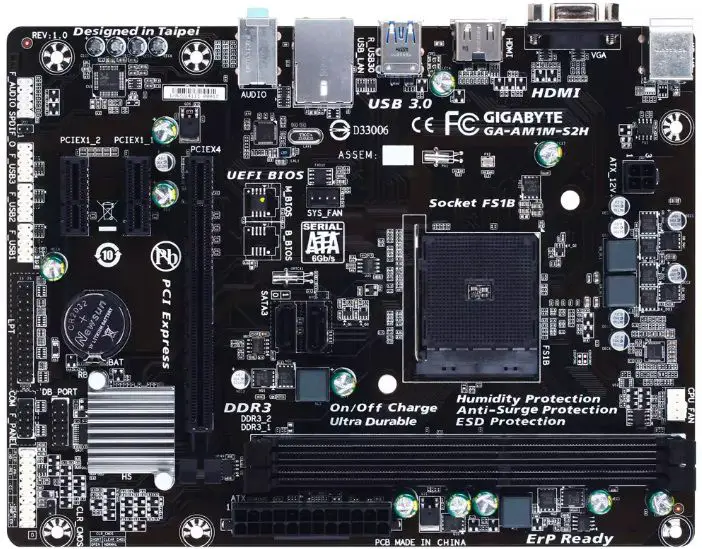 Foto van een Gigabyte AMD AM1 FS1b Socket HDMI D-Sub mATX-moederbord (GA-AM1M-S2H)
