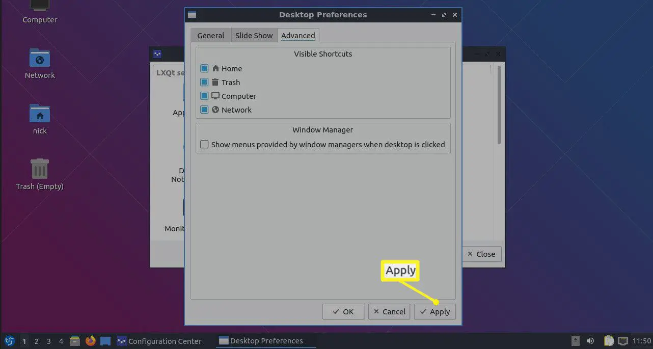 Zichtbare snelkoppelingen sectie van Lubuntu Desktop Voorkeuren