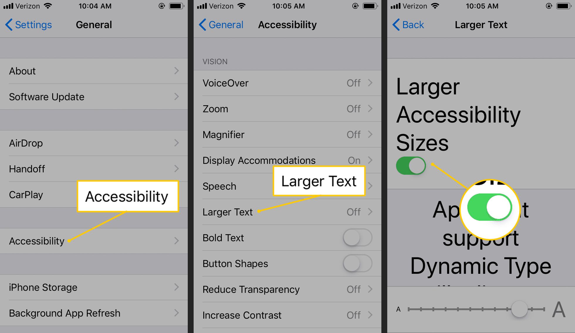 Toegankelijkheid, grotere tekst, schakelen in iOS-instellingen