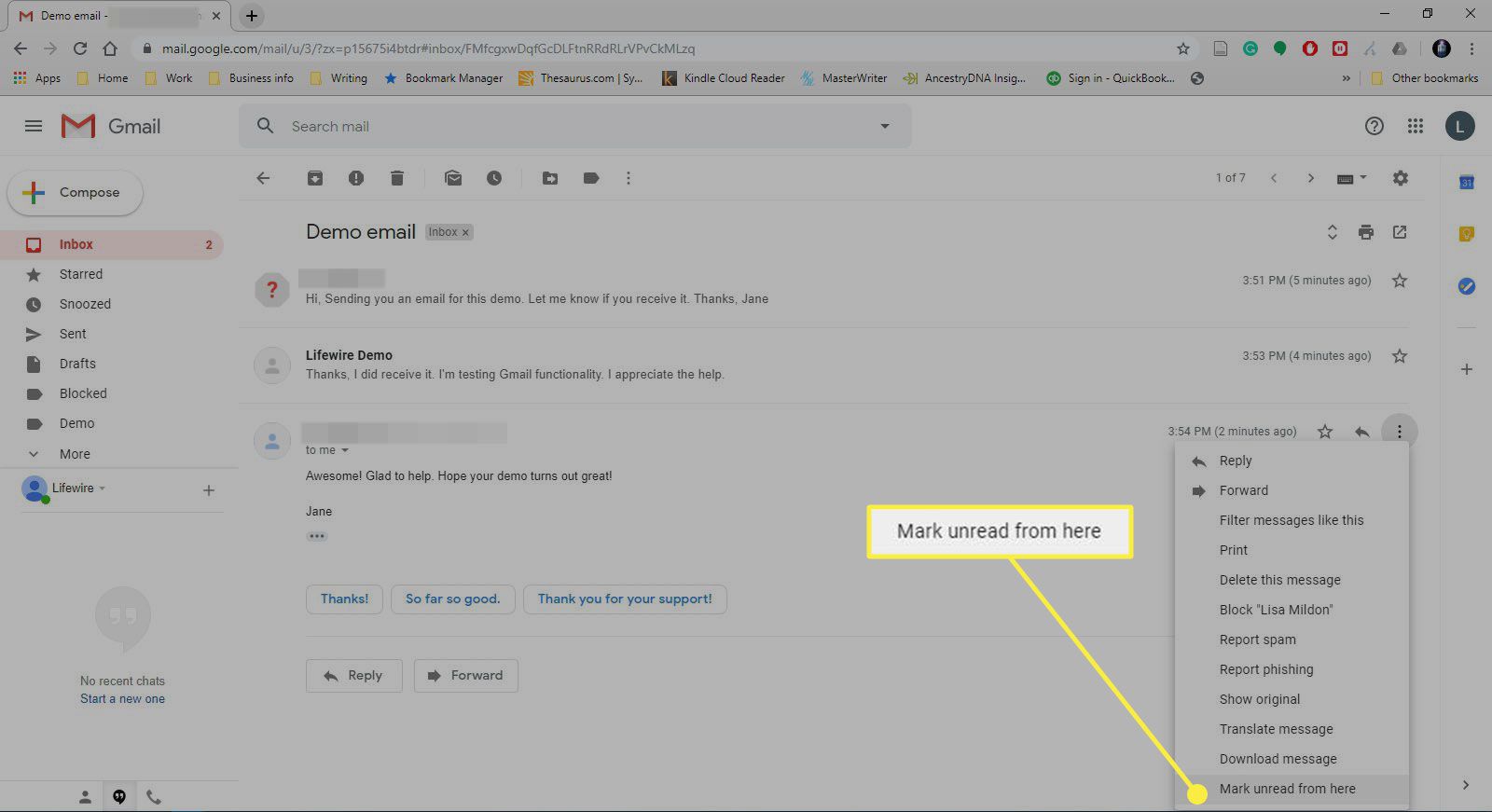 Een screenshot van Gmail met de opdracht "Markeer ongelezen vanaf hier" gemarkeerd