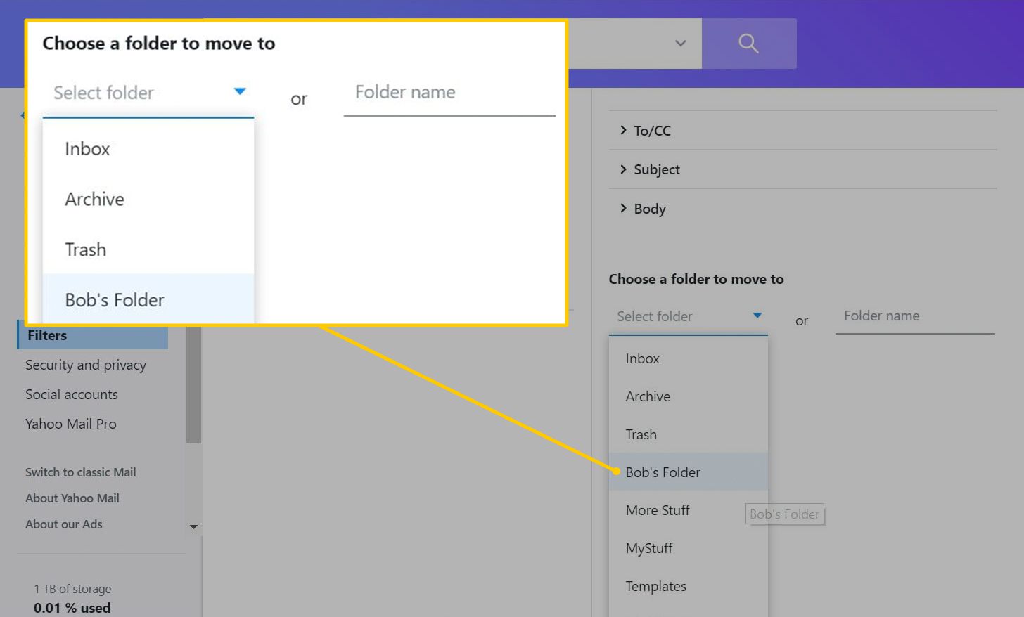 Kies een map om naar de sectie in Yahoo-filters te gaan