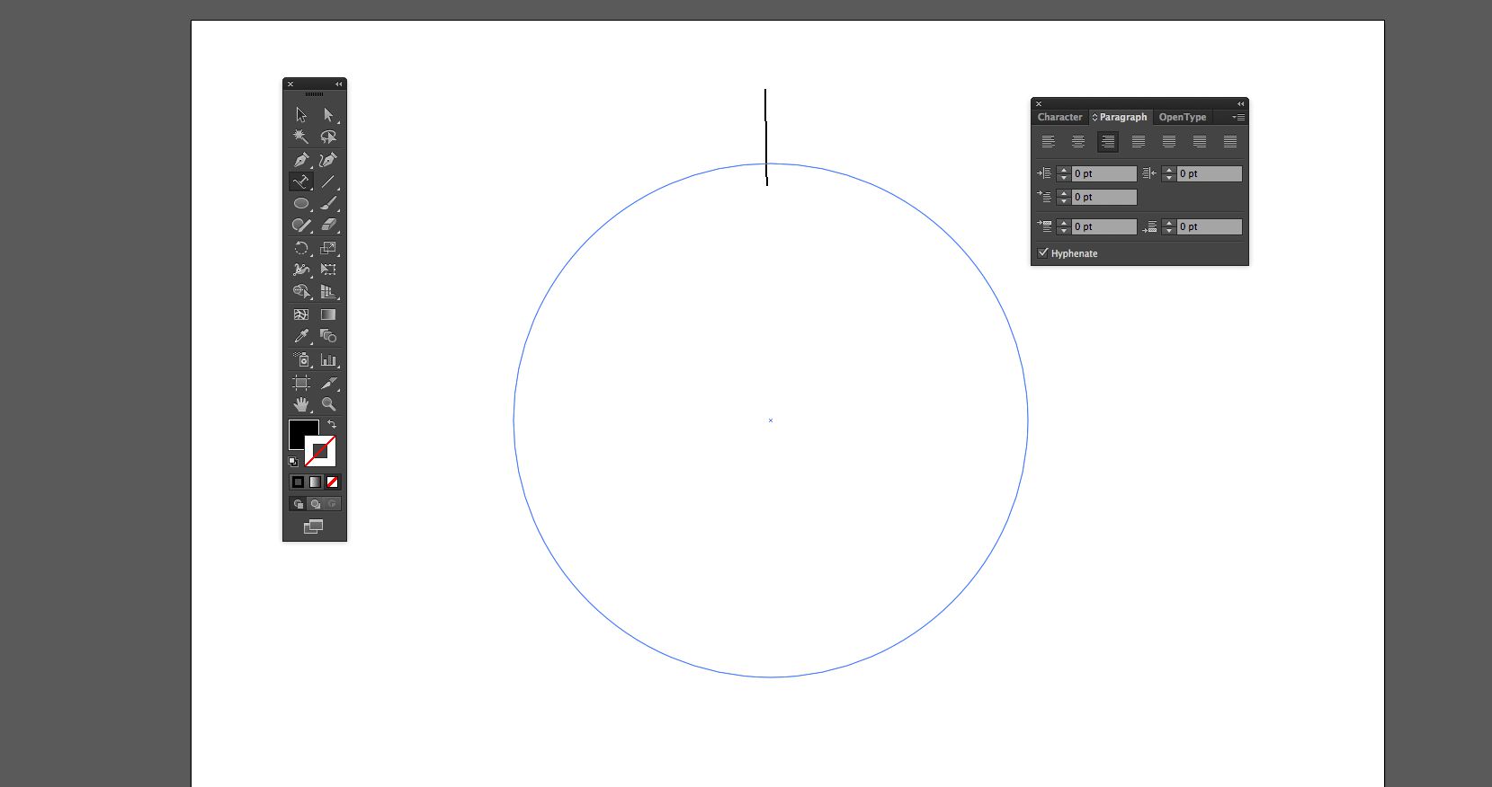 De cursor wordt bovenaan de cirkel geplaatst en het Paragrah-paneel met Centreer uitlijnen is geopend.
