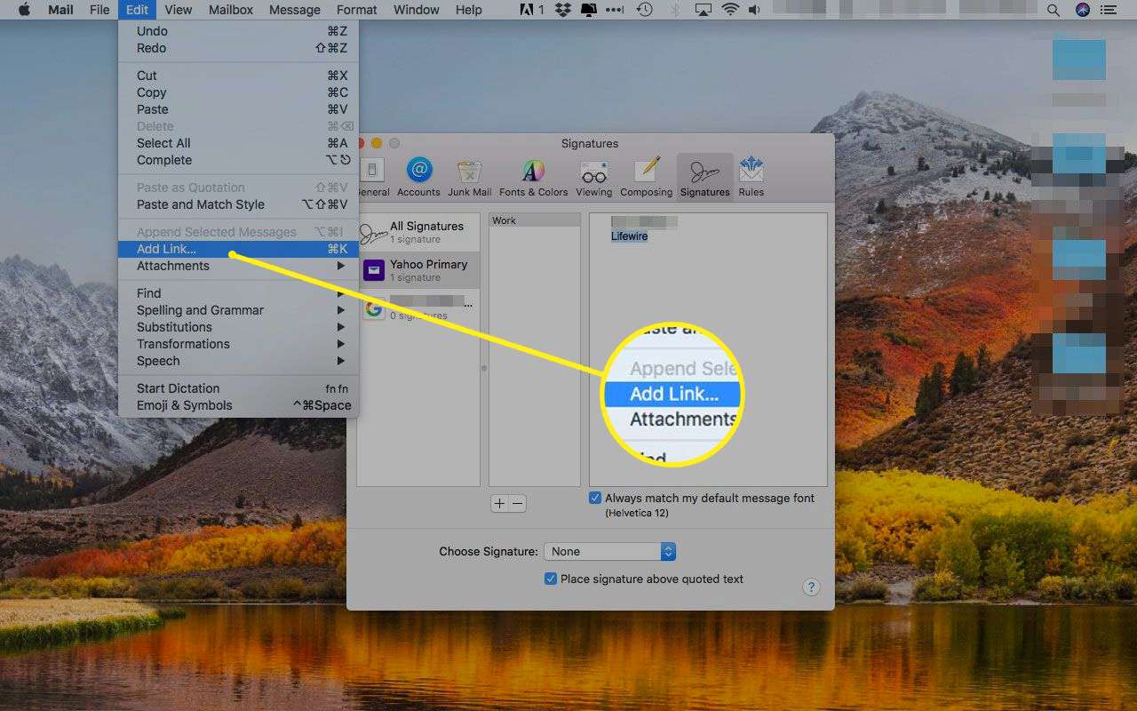 Apple Mail met de optie Koppeling toevoegen onder het menu Bewerken gemarkeerd