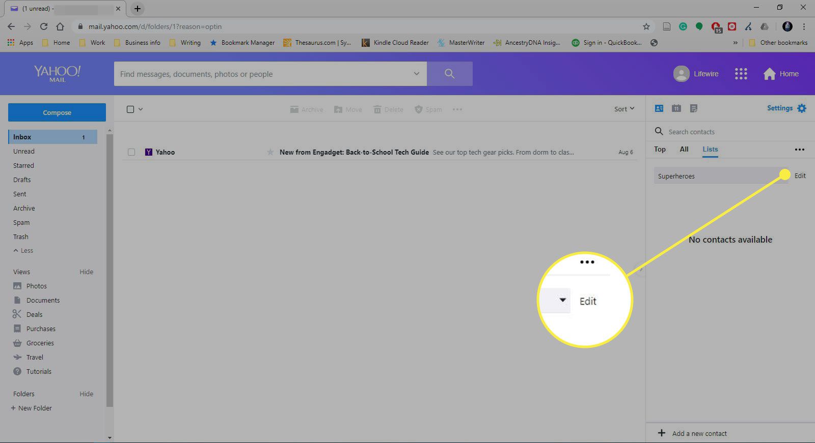 Een screenshot van het scherm Lijsten in Yahoo Mail met de knop Bewerken gemarkeerd