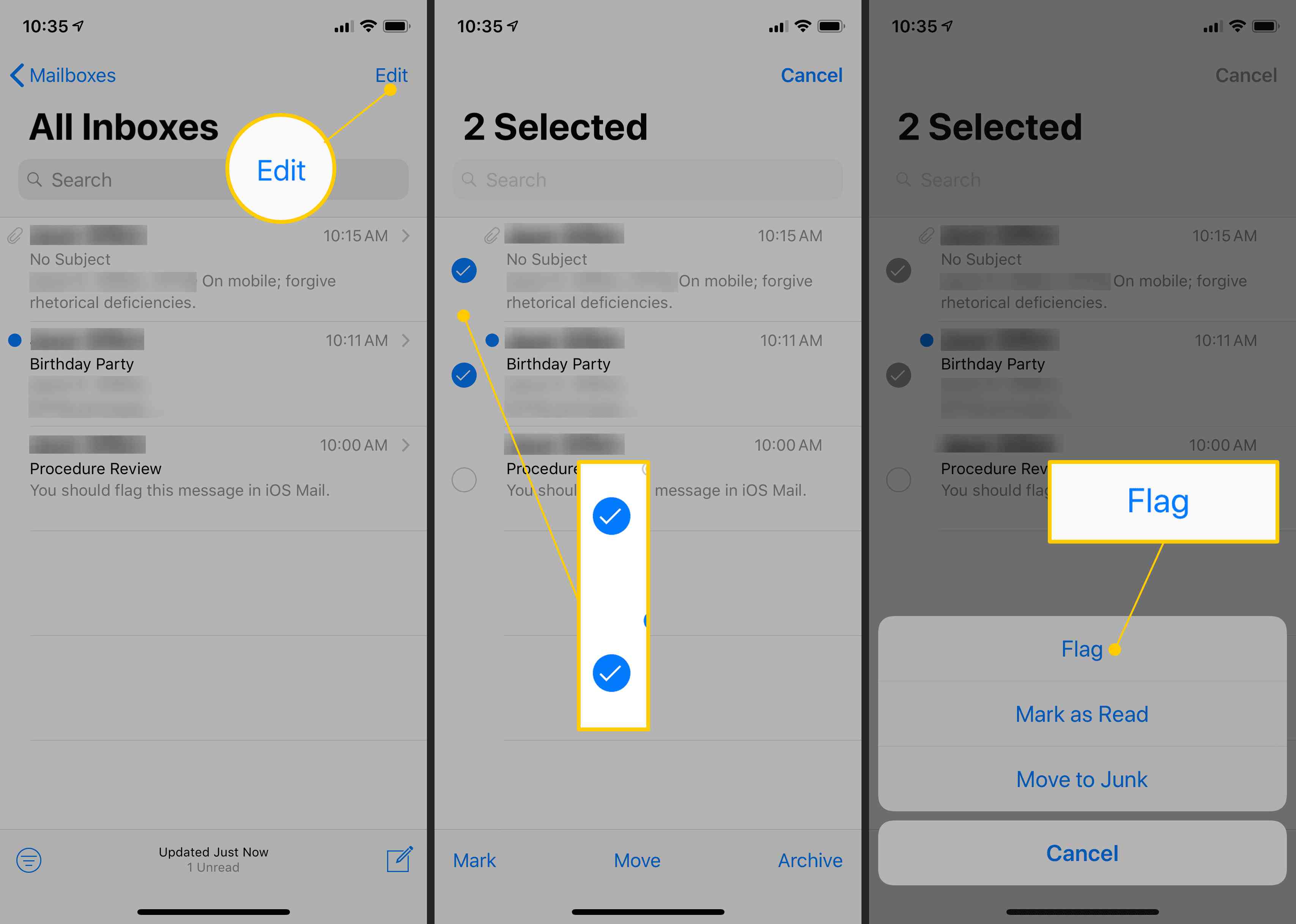 Knop Bewerken, selectievakjes voor afzonderlijke e-mails, knop Vlag in iOS Mail-app