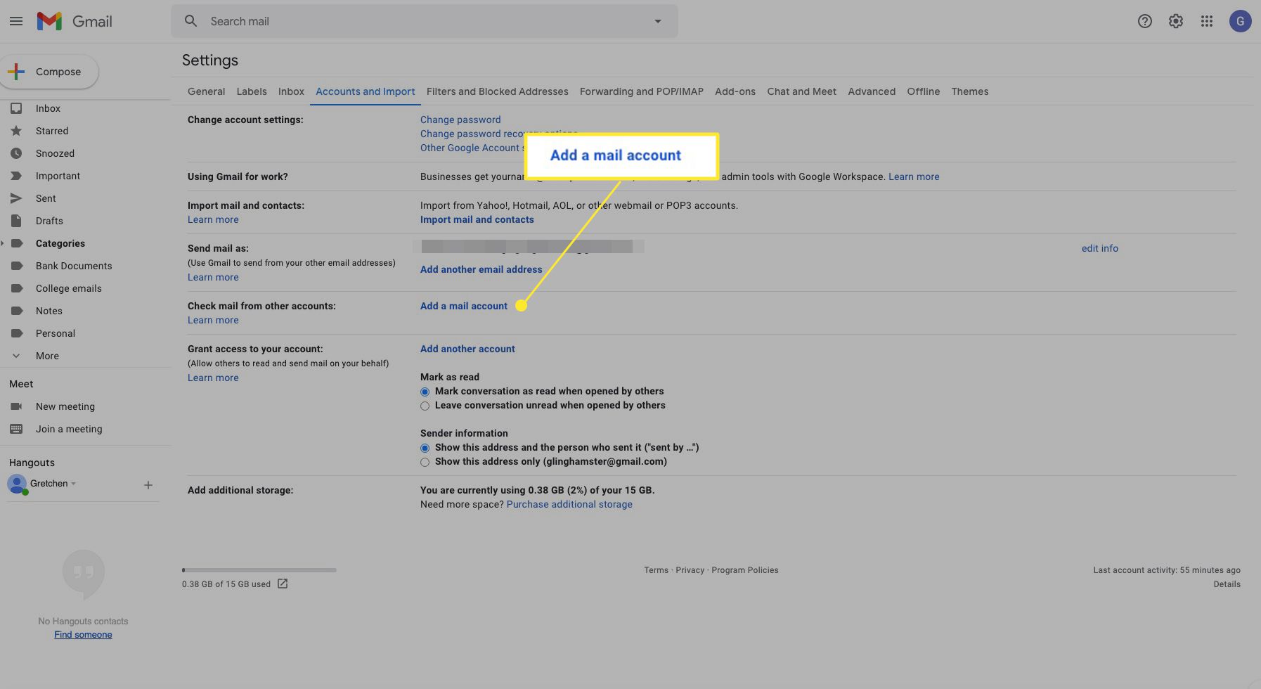 Gmail-accountinstellingen met "Een e-mailaccount toevoegen" gemarkeerd