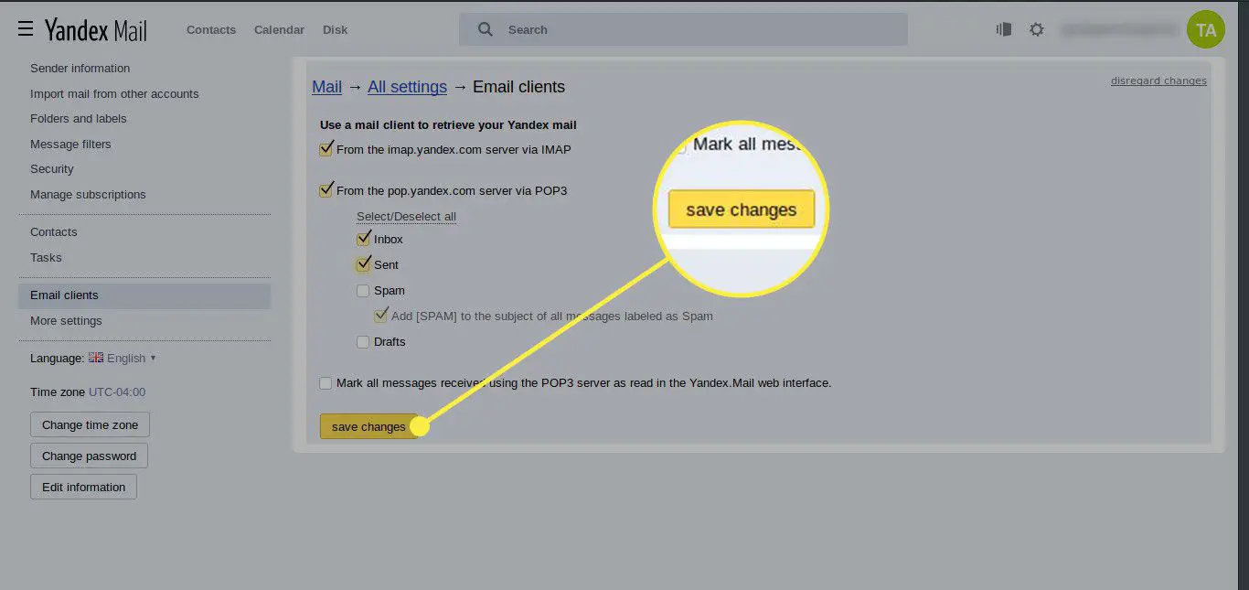 Een screenshot van Yandex Mail-instellingen met de knop Wijzigingen opslaan gemarkeerd