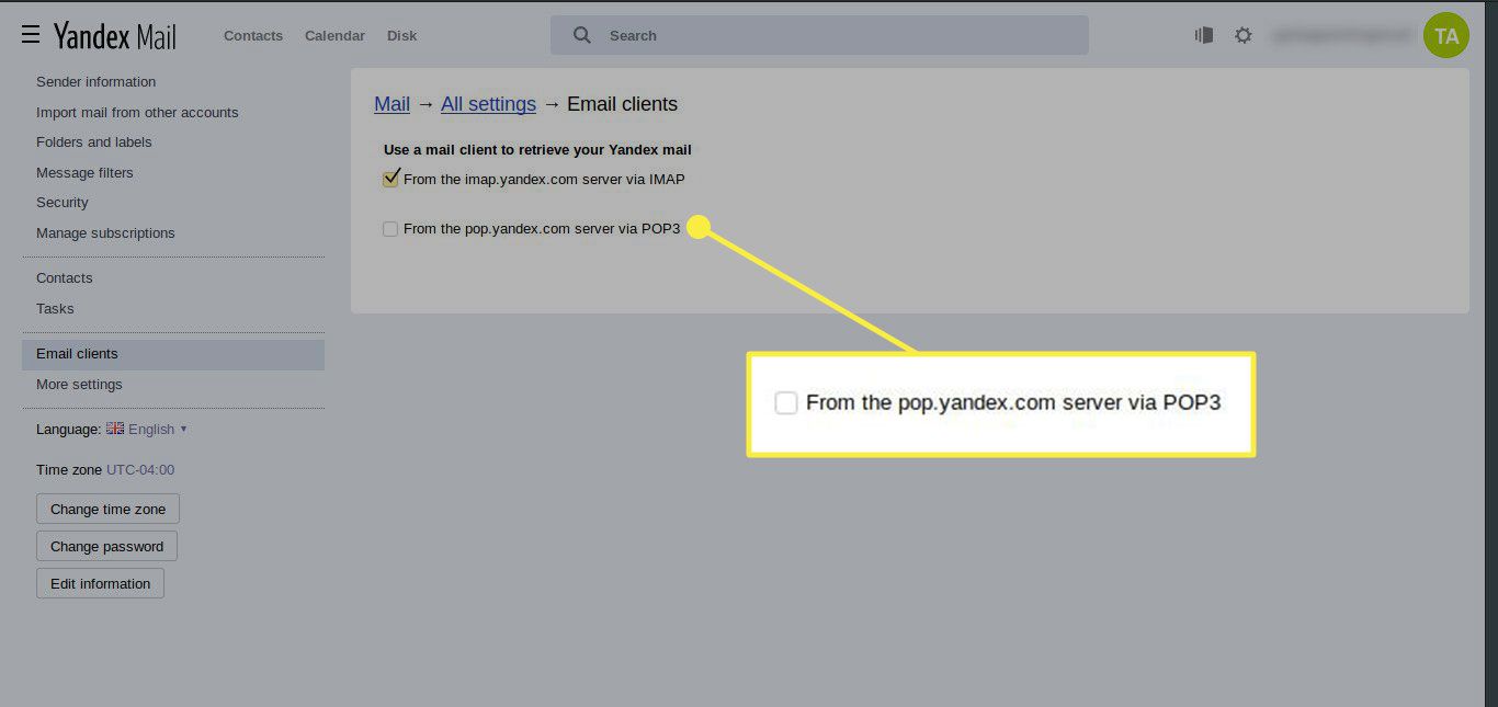 Een screenshot van Yandex Mail-instellingen met de optie "Van de pop.yandex.com-server via POP3" gemarkeerd