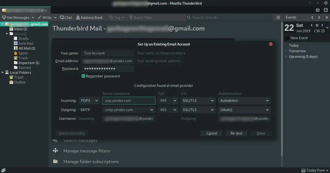 Yandex Mail POP3-installatie op Thunderbird-screenshot