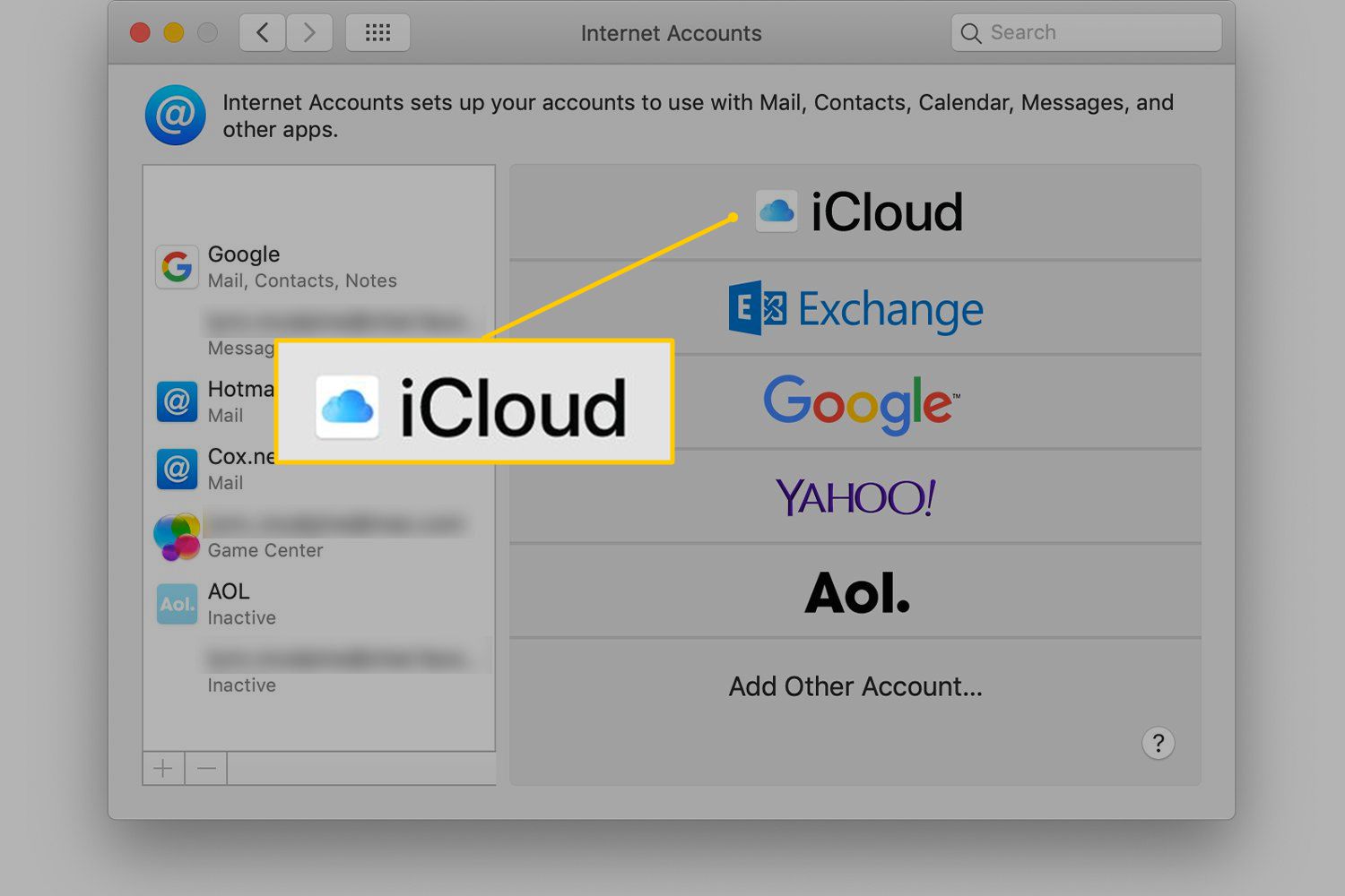 iCloud-pictogram in het paneel Internetaccounts van Systeemvoorkeuren