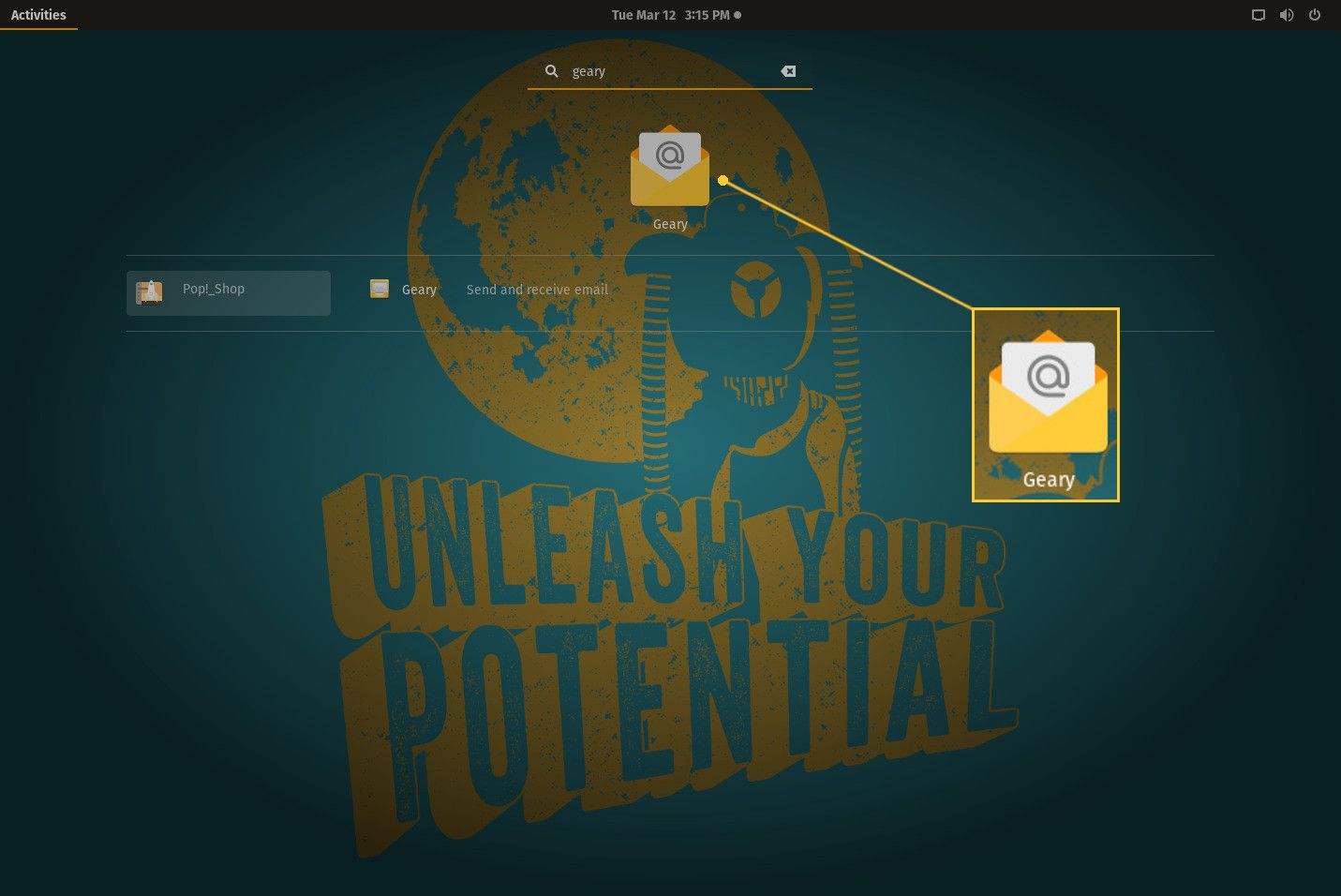 Screenshot van het starten van een app vanuit de GNOME Applications Search.