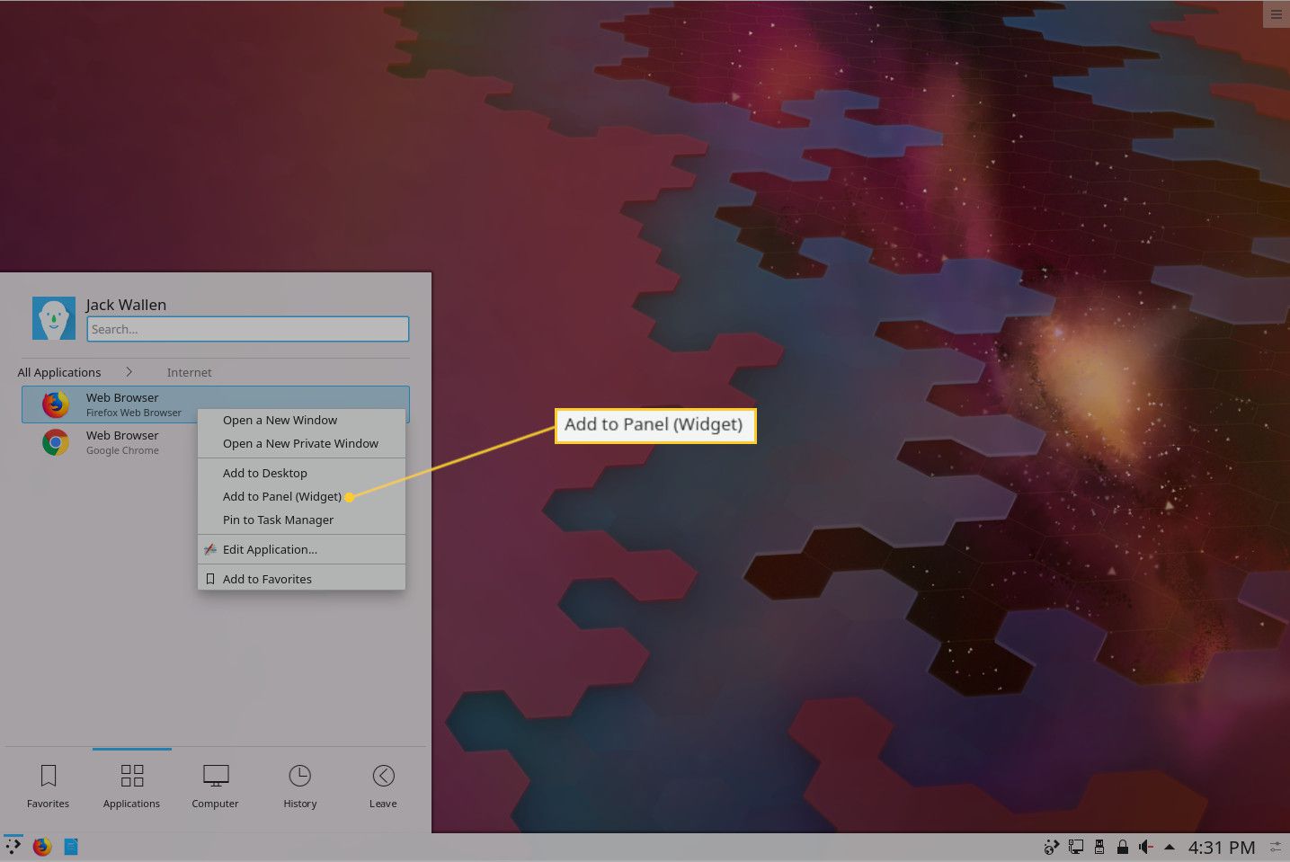 Screenshot van het toevoegen van een app aan het KDE-bureaublad en -paneel.