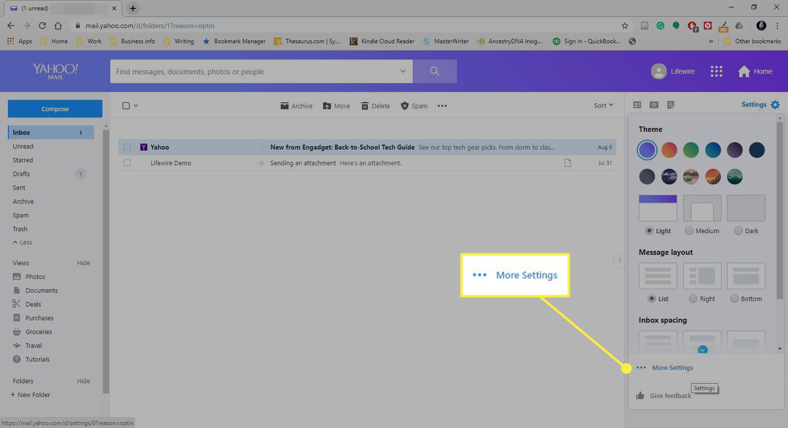 Een screenshot van Yahoo Mail met de knop Meer instellingen gemarkeerd