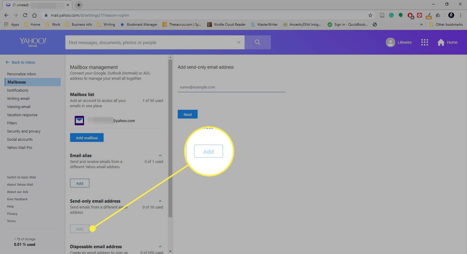Een screenshot van Yahoo's Mailbox-instellingen met de knop Toevoegen onder "Alleen e-mailadressen verzenden" gemarkeerd