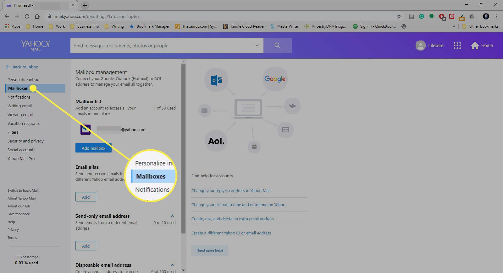 Een screenshot van Yahoo Mail-instellingen met de sectie Mailboxen gemarkeerd