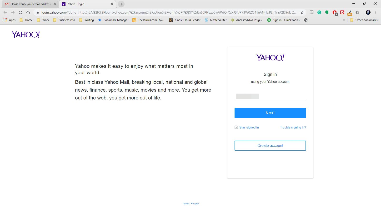 De Yahoo Mail-aanmeldingspagina.
