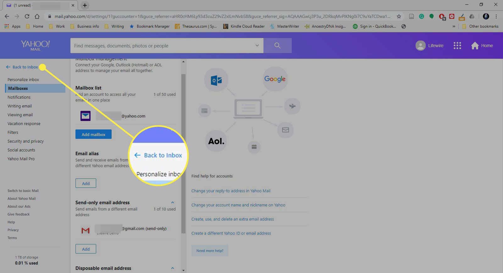 Een screenshot van Yahoo Mail-instellingen met de knop Terug naar Postvak IN gemarkeerd