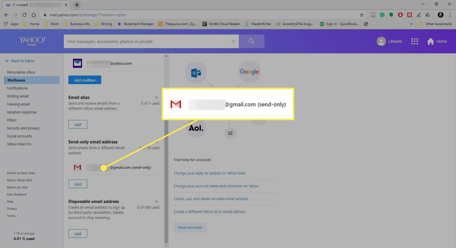 Een screenshot van de sectie Mailboxen van Yahoo Mail met een tweede adres gemarkeerd