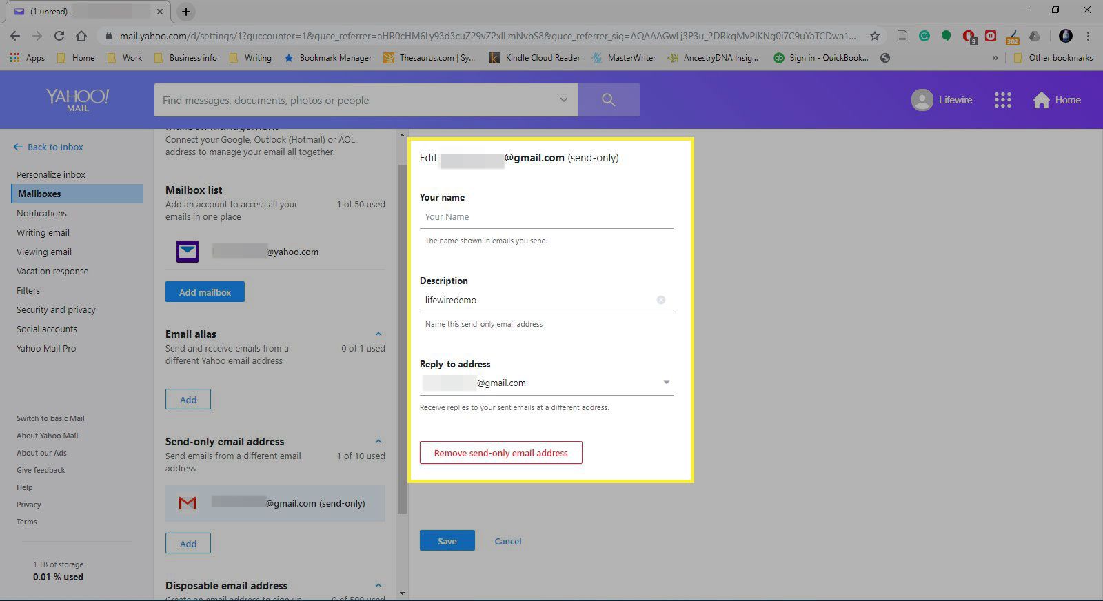 Een screenshot van Yahoo Mail-instellingen met de details van een alleen-verzendadres gemarkeerd
